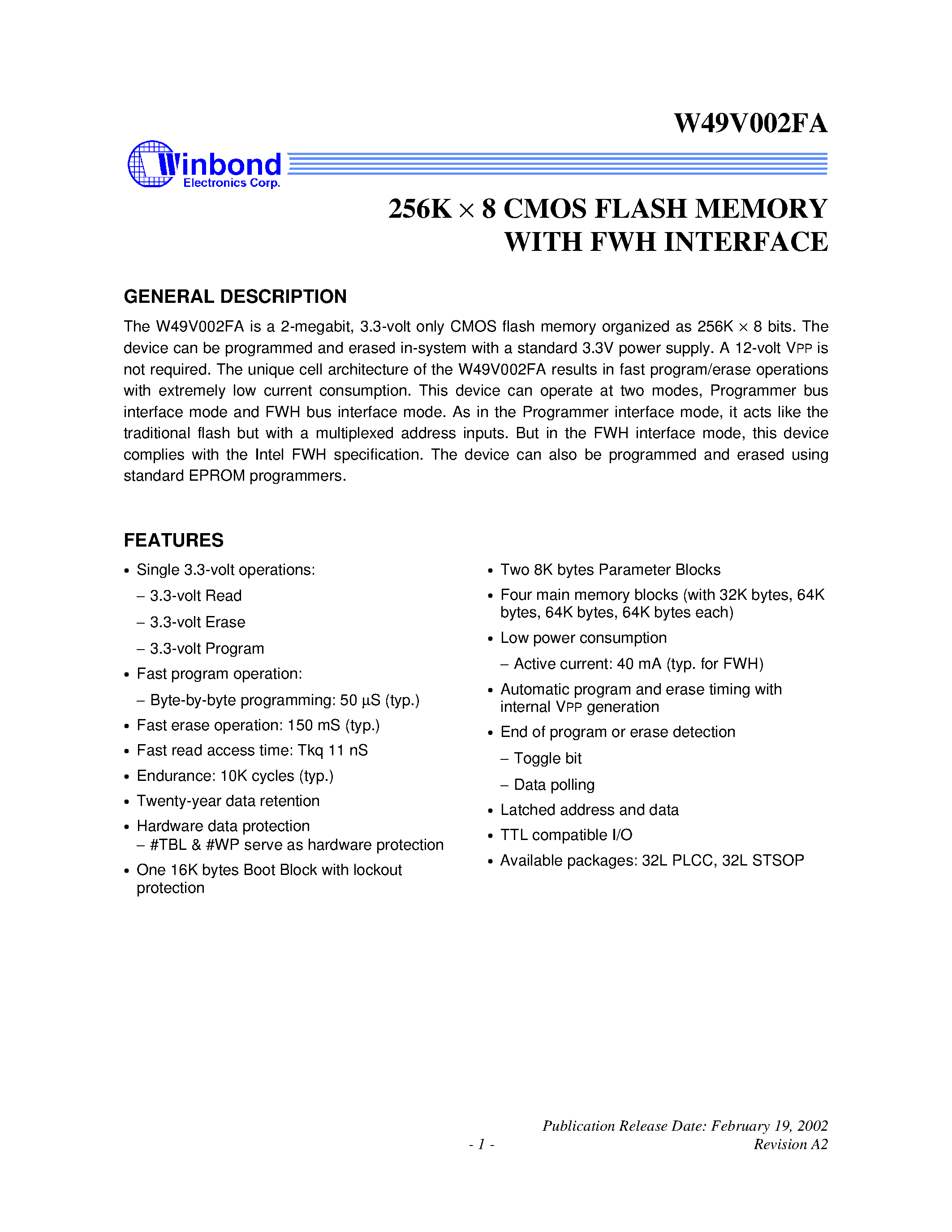 Datasheet W49V002FAQ - 256K X 8 CMOS FLASH MEMORY WITH FWH INTERFACE page 1