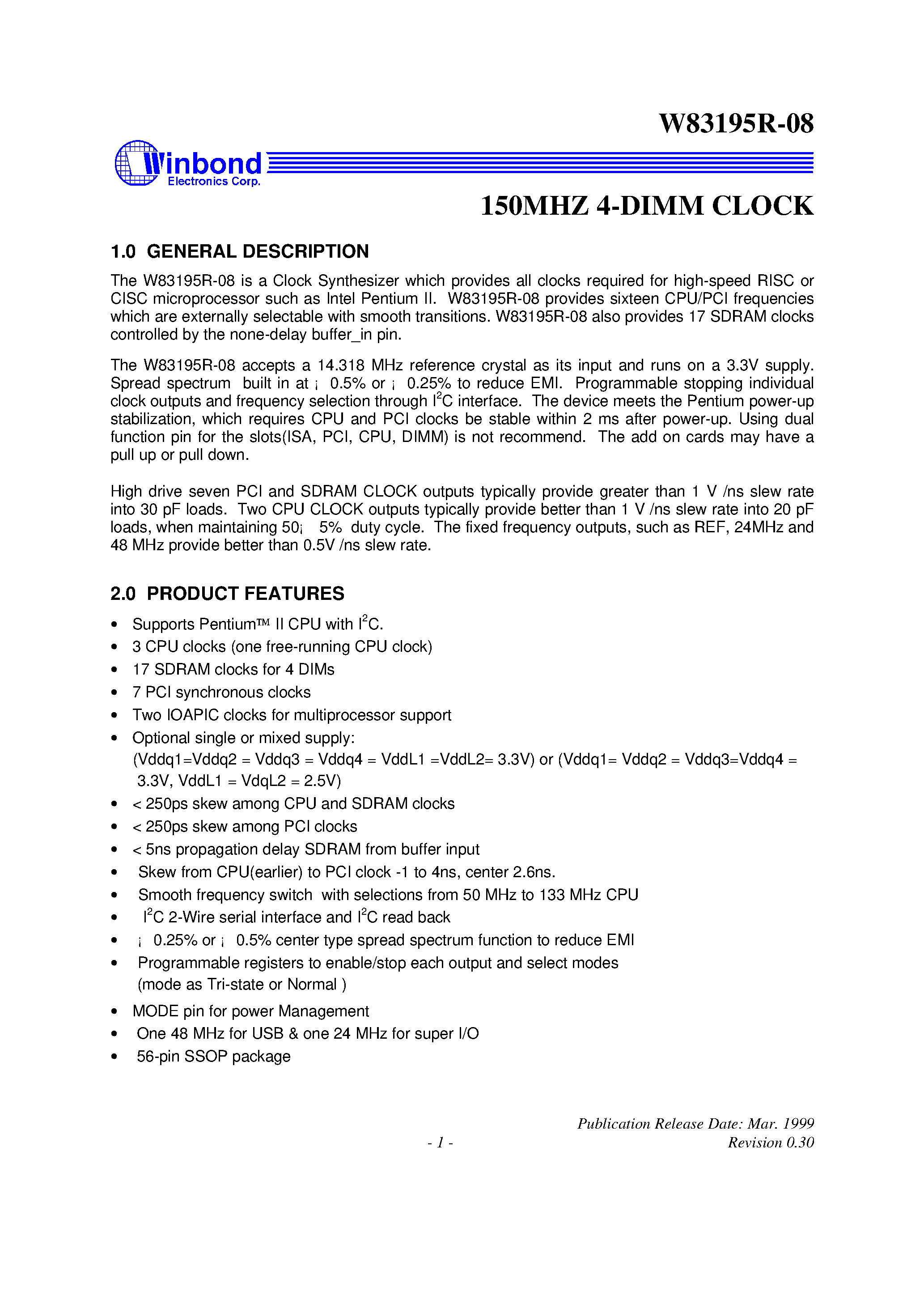 Datasheet W83195R-08 - 150MHZ 4-DIMM CLOCK page 1