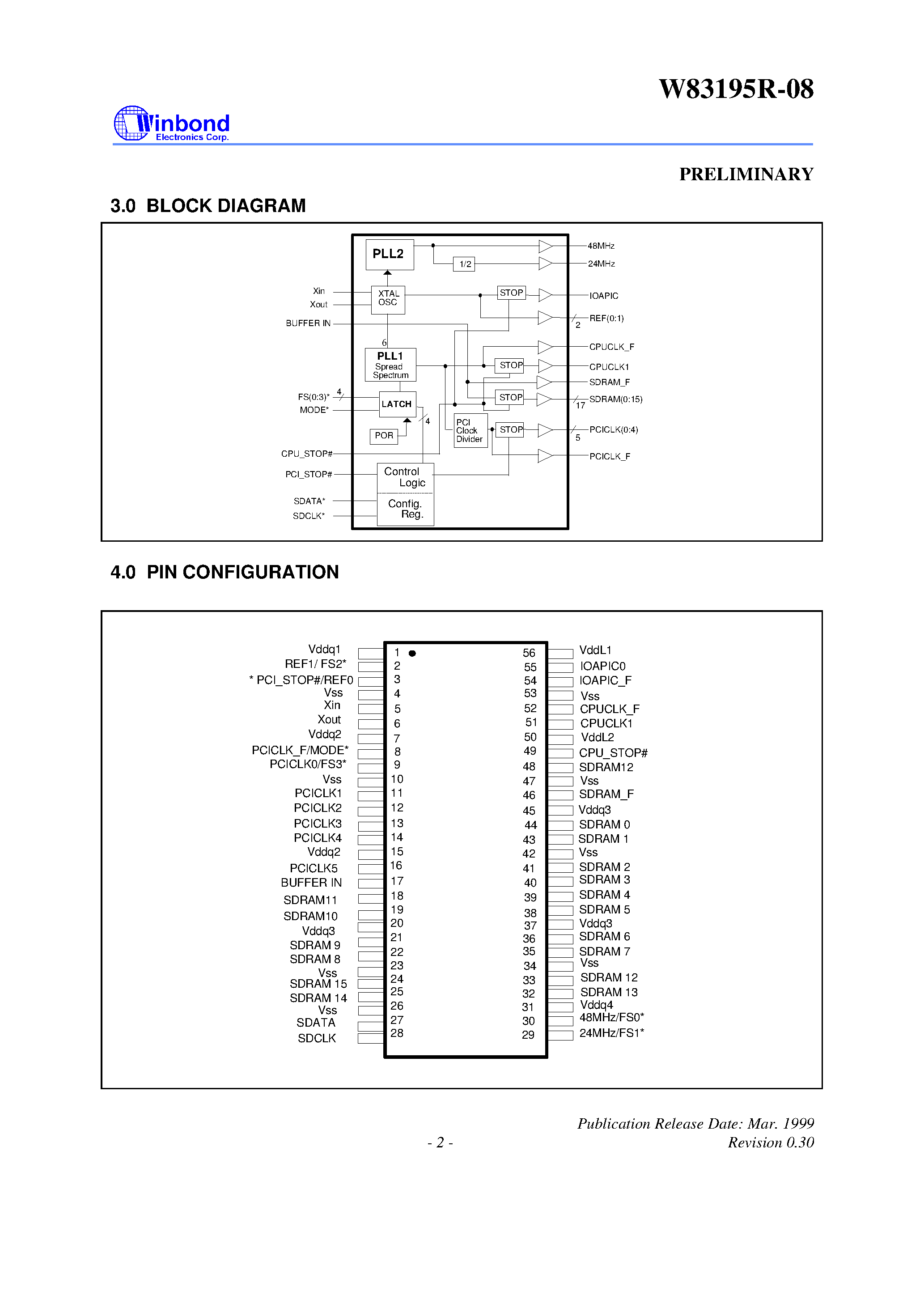 Datasheet W83195R-08 - 150MHZ 4-DIMM CLOCK page 2