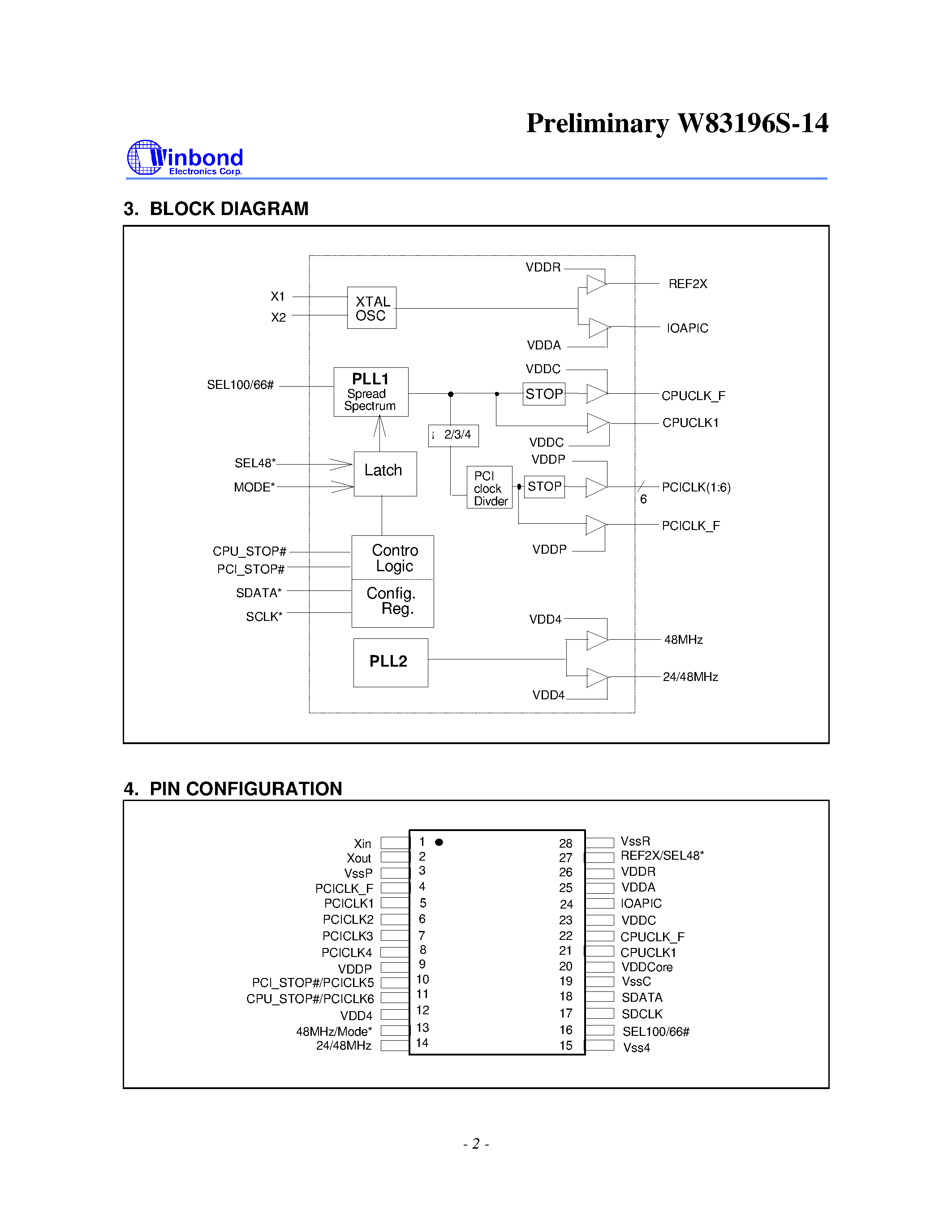 Даташит W83196S-14 - 100 MHZ CLOCK FOR BX CHIPSET (2 CHIP) страница 2