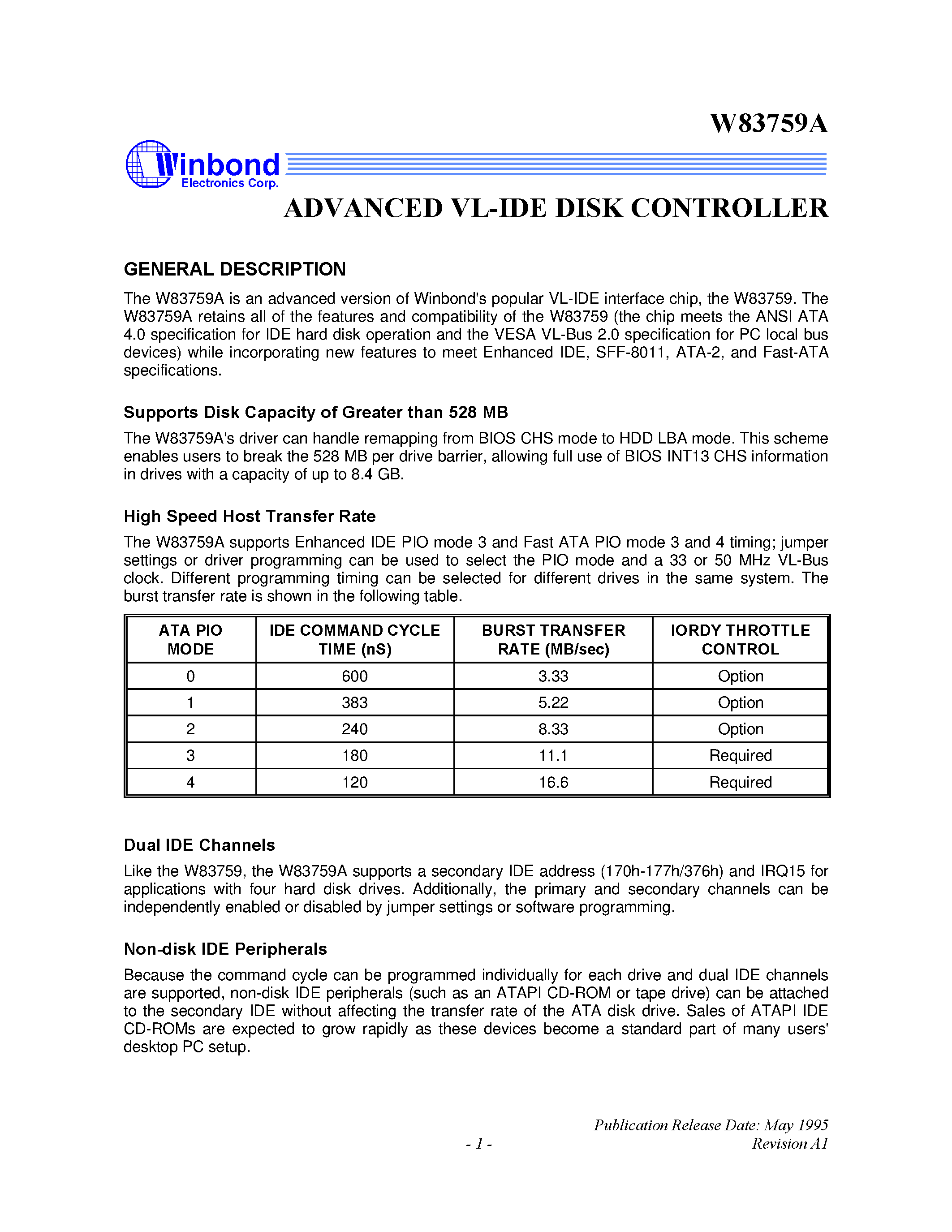 Даташит W83759 - ADVANCED VL-IDE DISK CONTROLLER страница 1