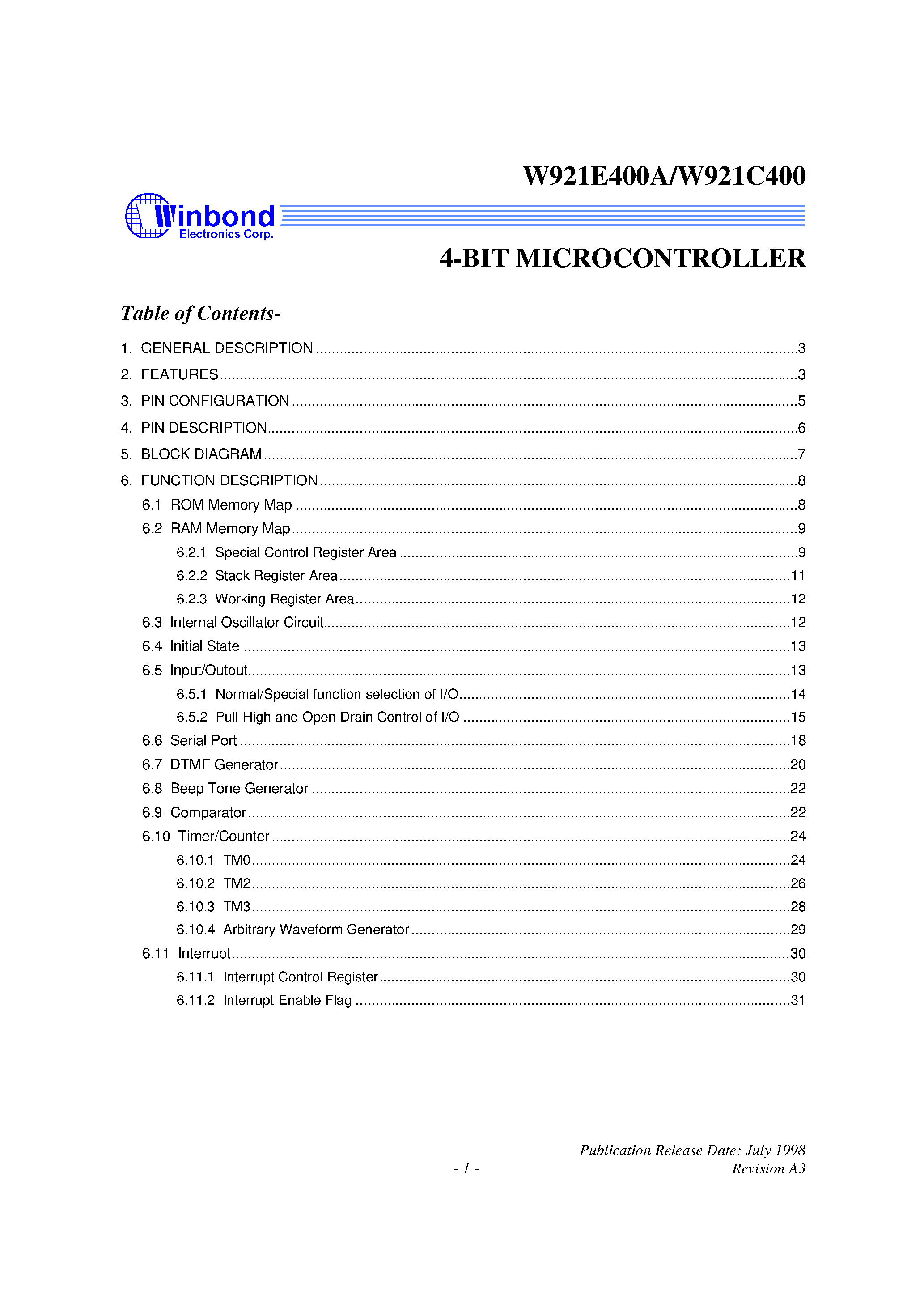 Datasheet W921E400 - 4-BIT MICROCONTROLLER page 1