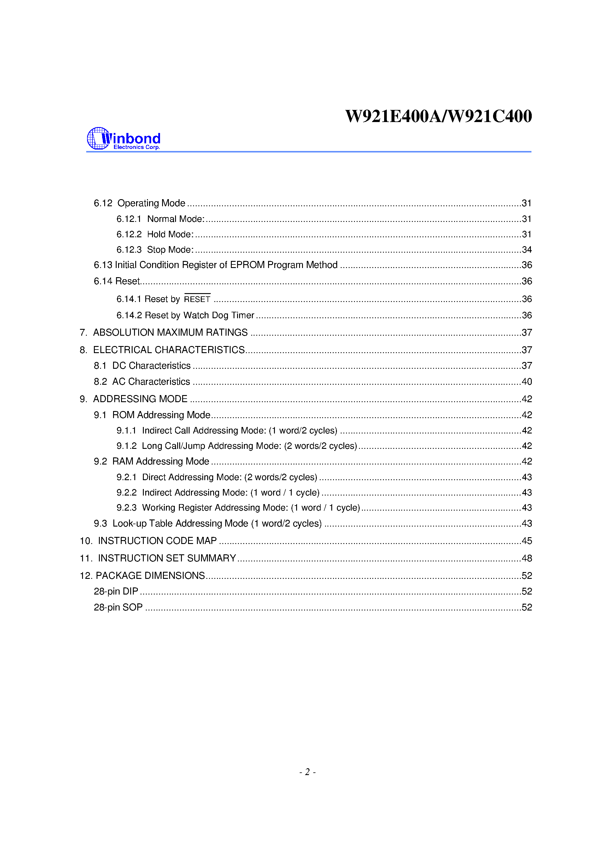 Datasheet W921E400 - 4-BIT MICROCONTROLLER page 2