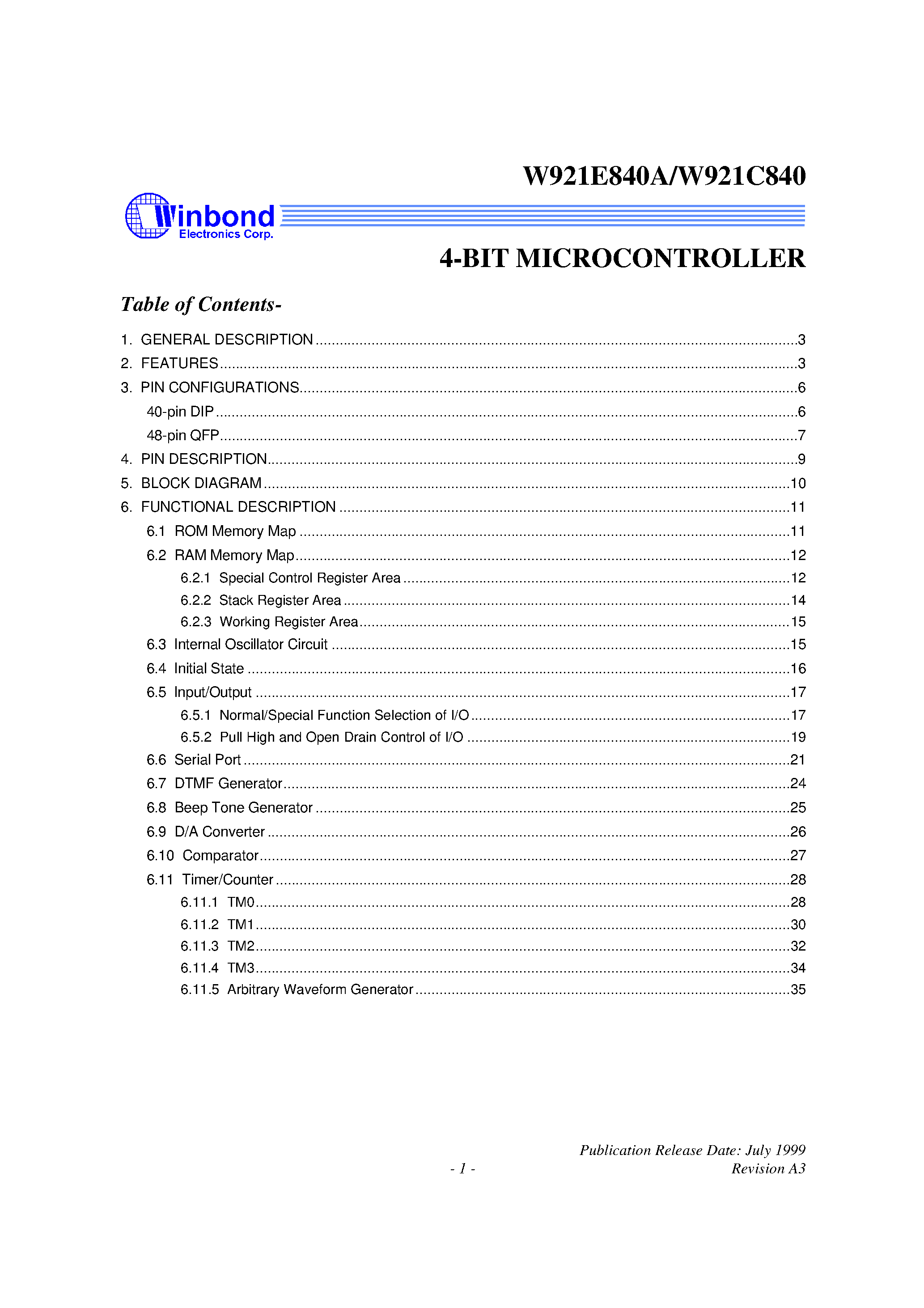 Datasheet W921E840 - 4-BIT MICROCONTROLLER page 1