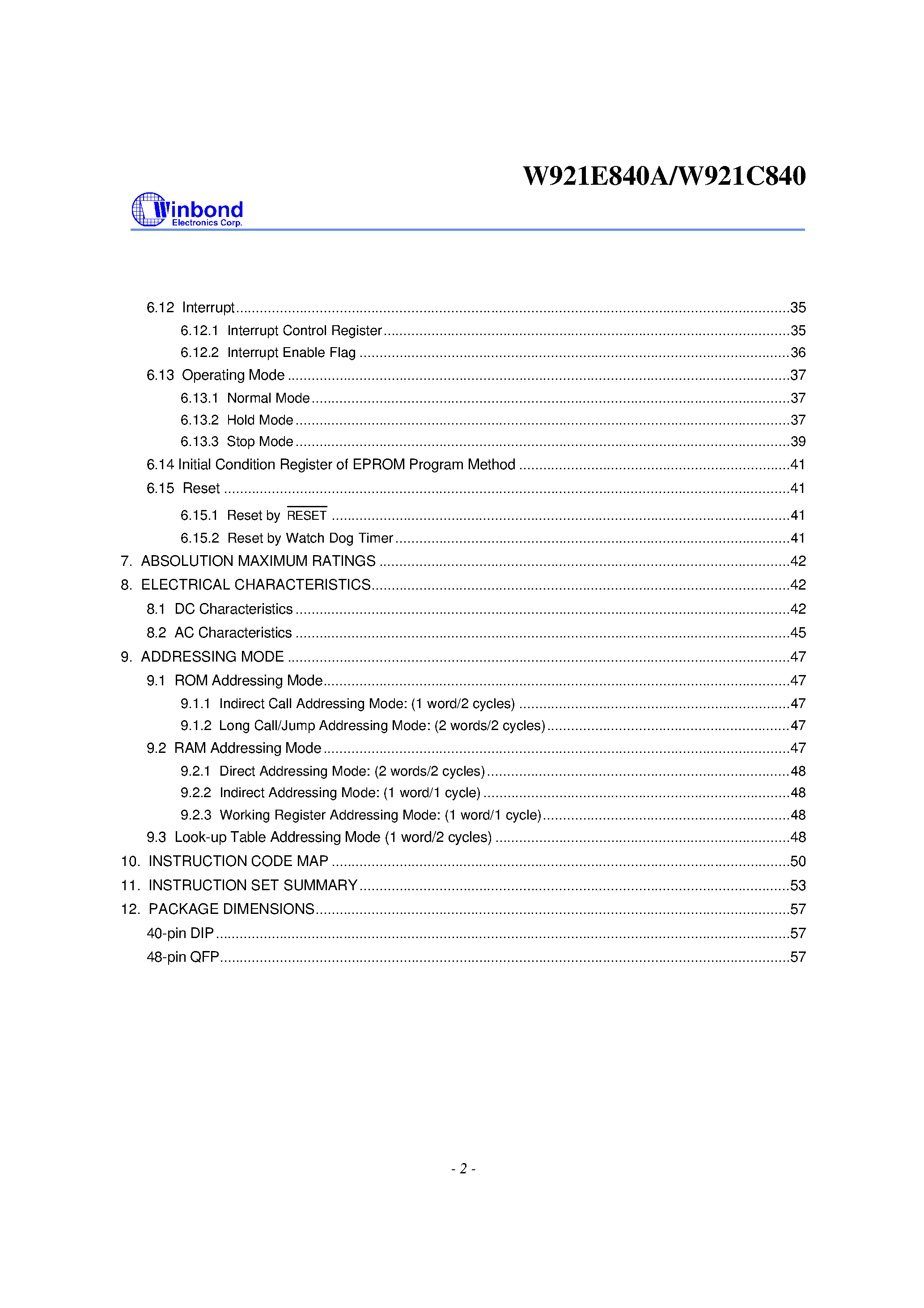 Datasheet W921E840 - 4-BIT MICROCONTROLLER page 2