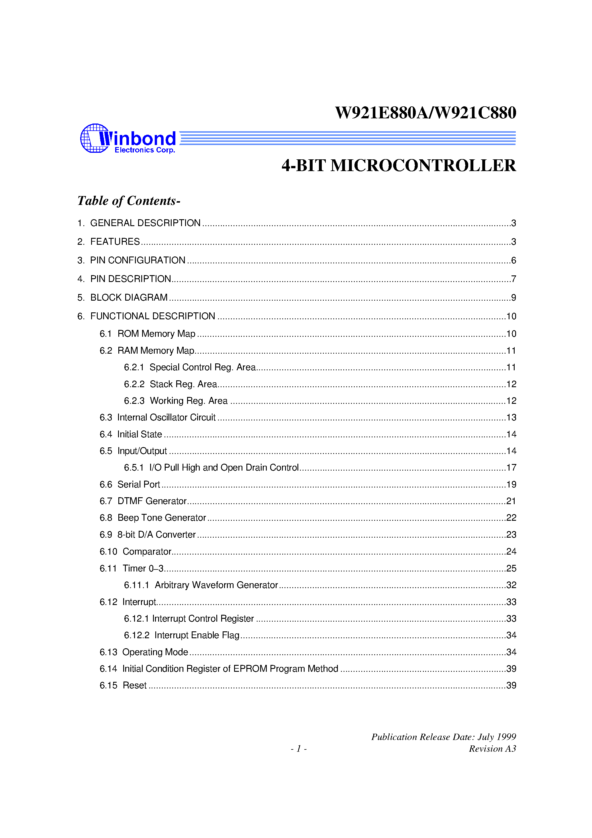 Datasheet W921E880 - 4-BIT MICROCONTROLLER page 1