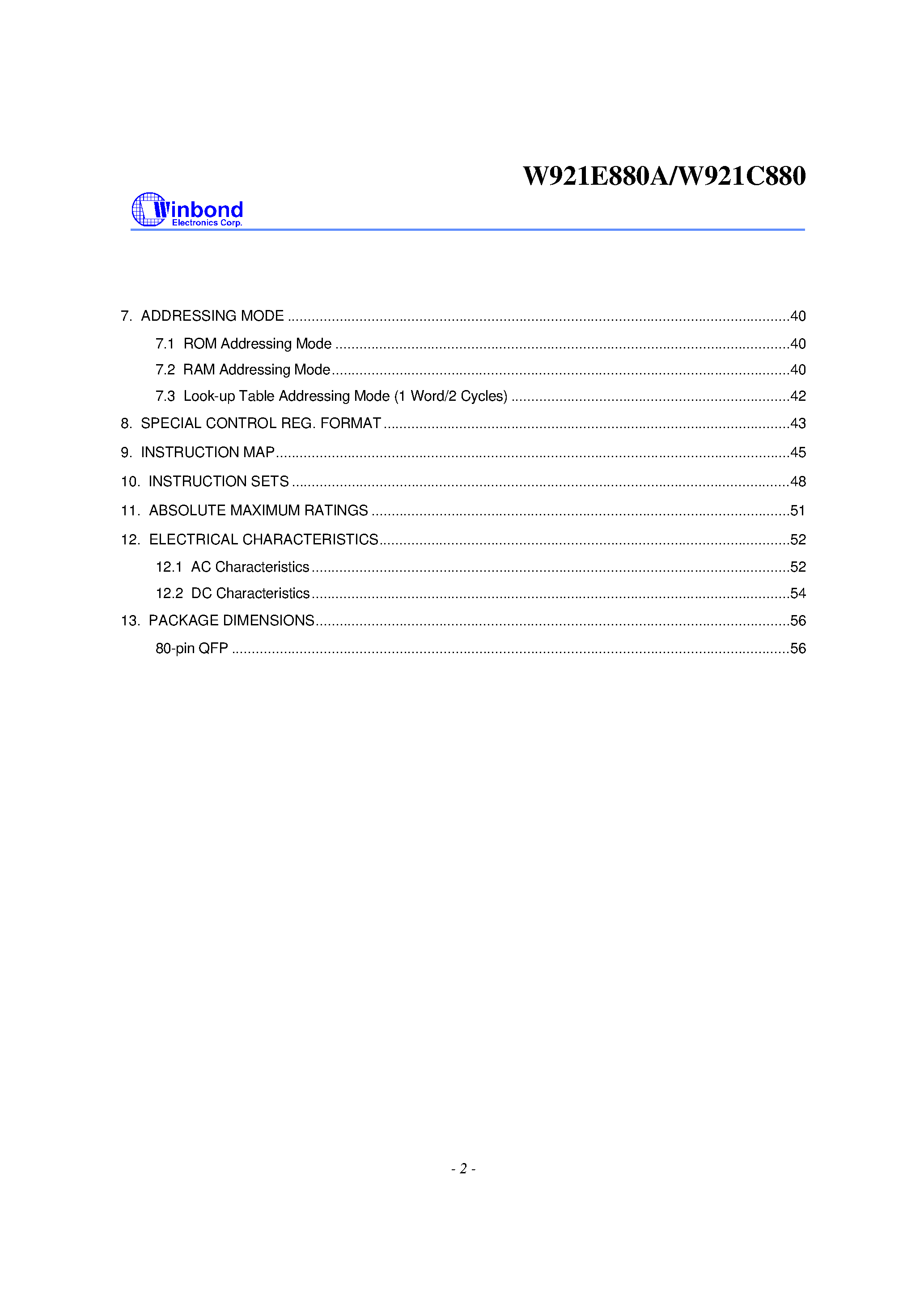 Datasheet W921E880 - 4-BIT MICROCONTROLLER page 2