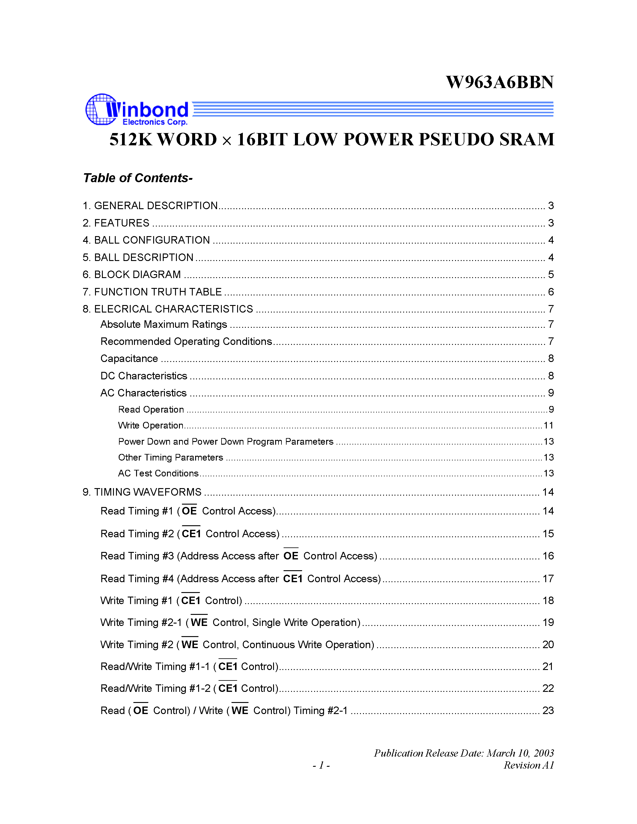 Datasheet W963A6BBN - 512K WORD X 16 BIT LOW POWER PSEUDO SRAM page 1