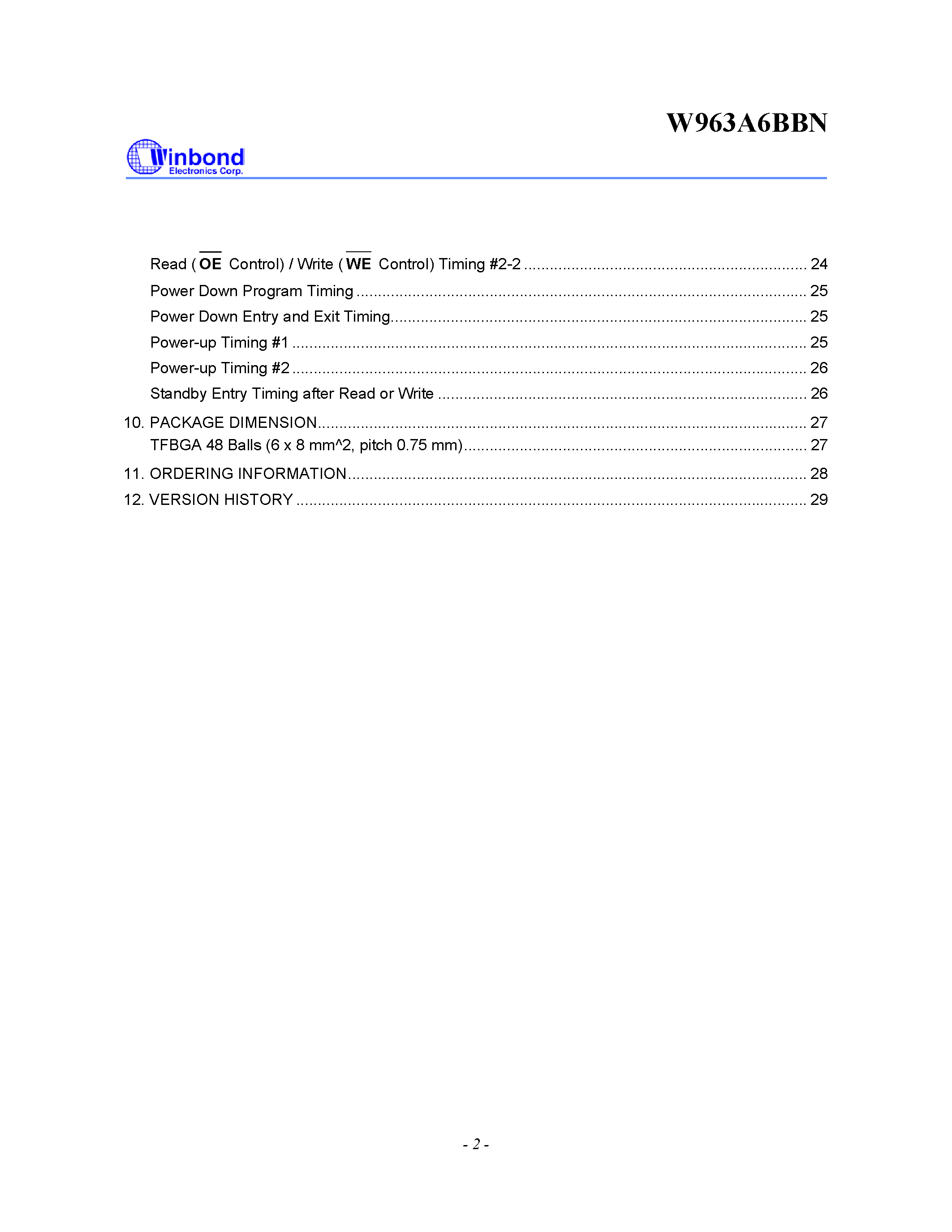 Datasheet W963A6BBN - 512K WORD X 16 BIT LOW POWER PSEUDO SRAM page 2