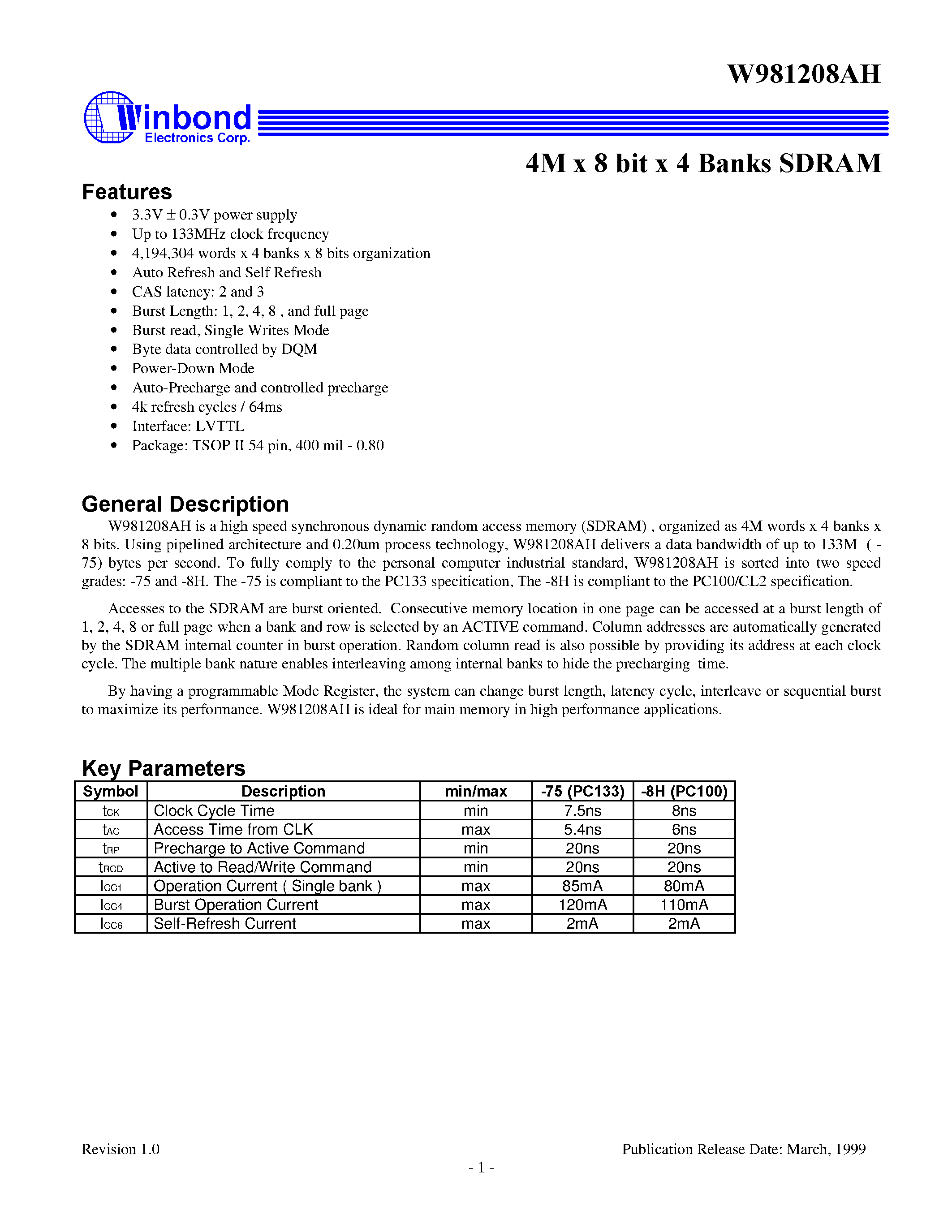 Datasheet W981208AH - 4M x 8 bit x 4 Banks SDRAM page 1