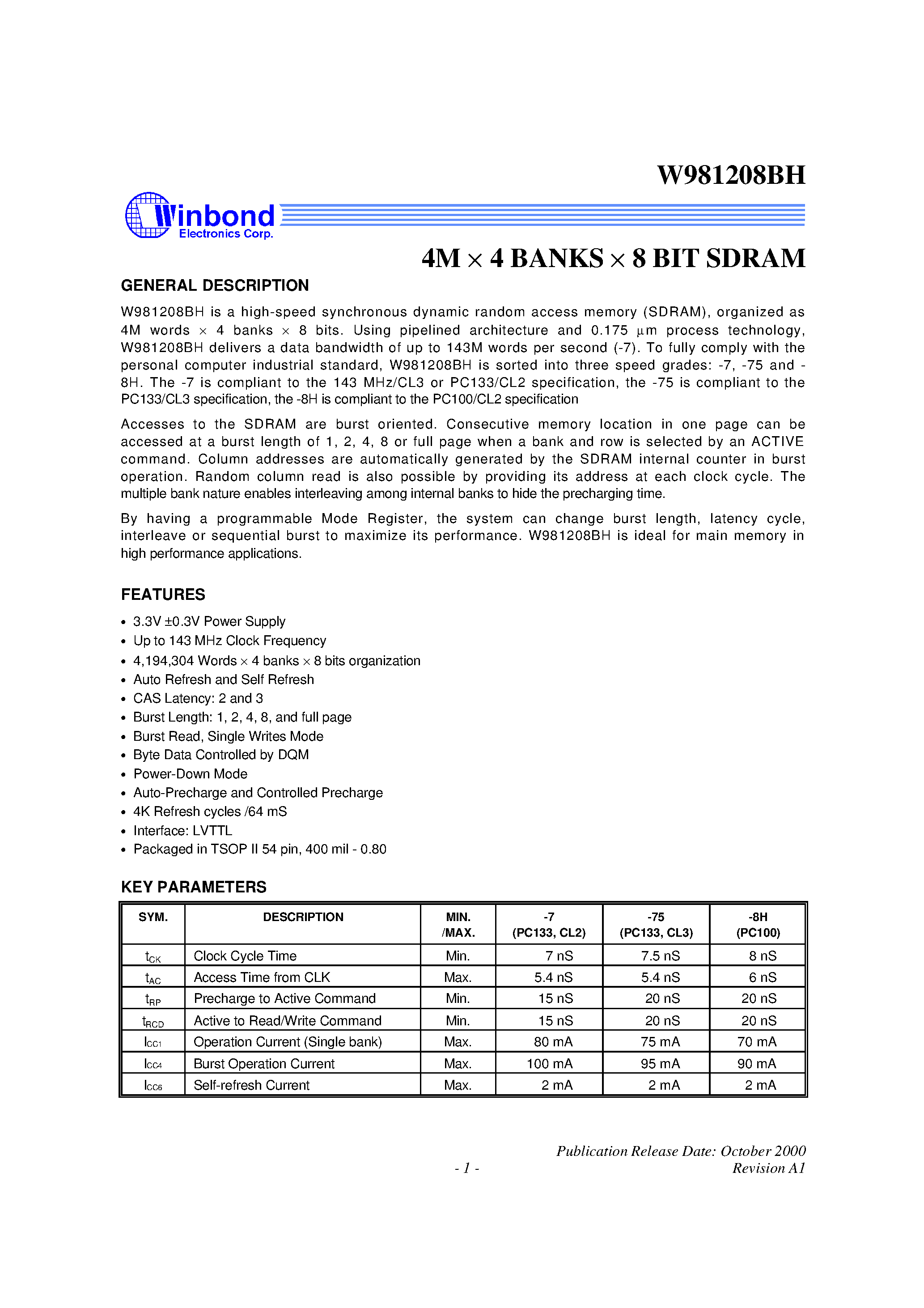 Datasheet W981208BH - 4M x 4 BANKS x 8 BIT SDRAM page 1