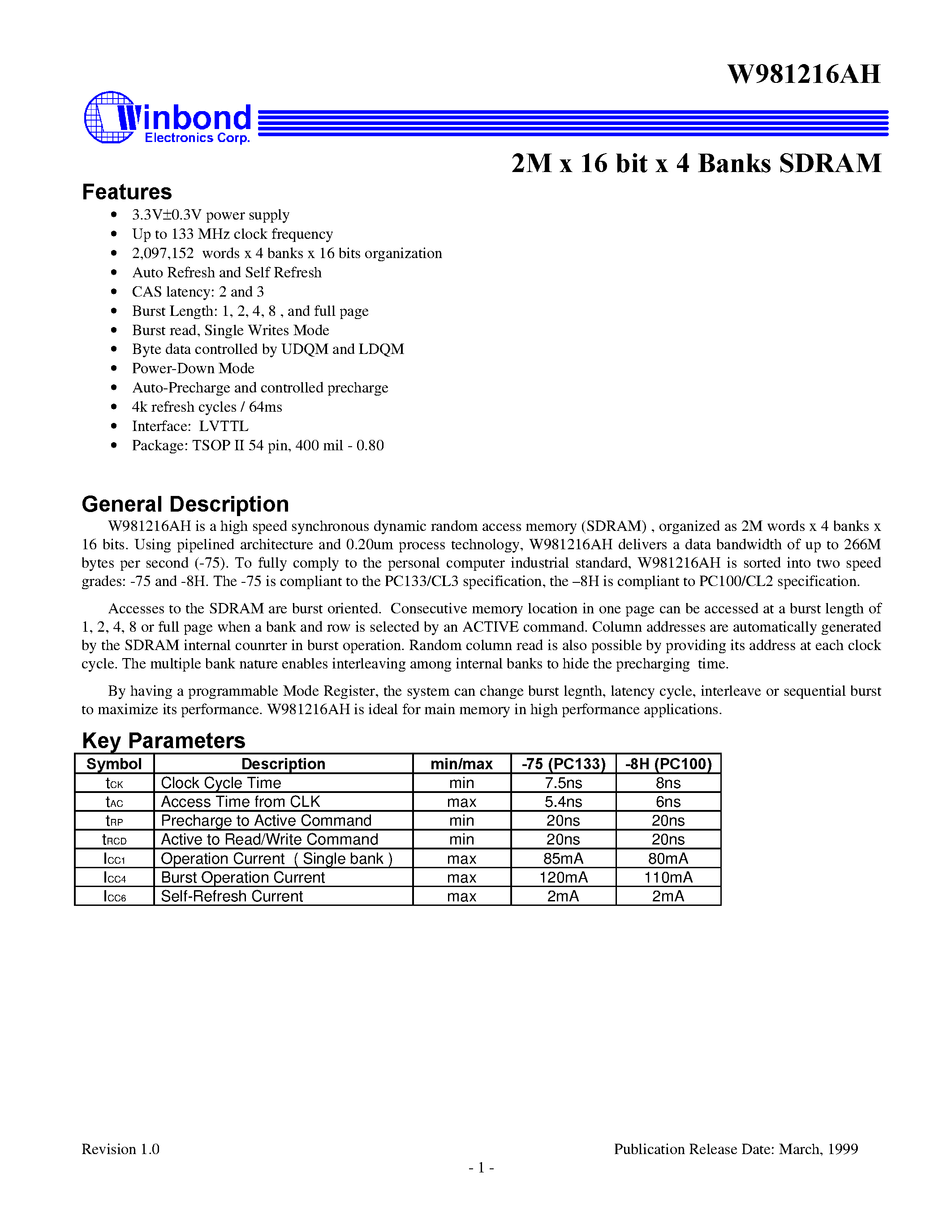 Datasheet W981216AH - 2M x 16 bit x 4 Banks SDRAM page 1