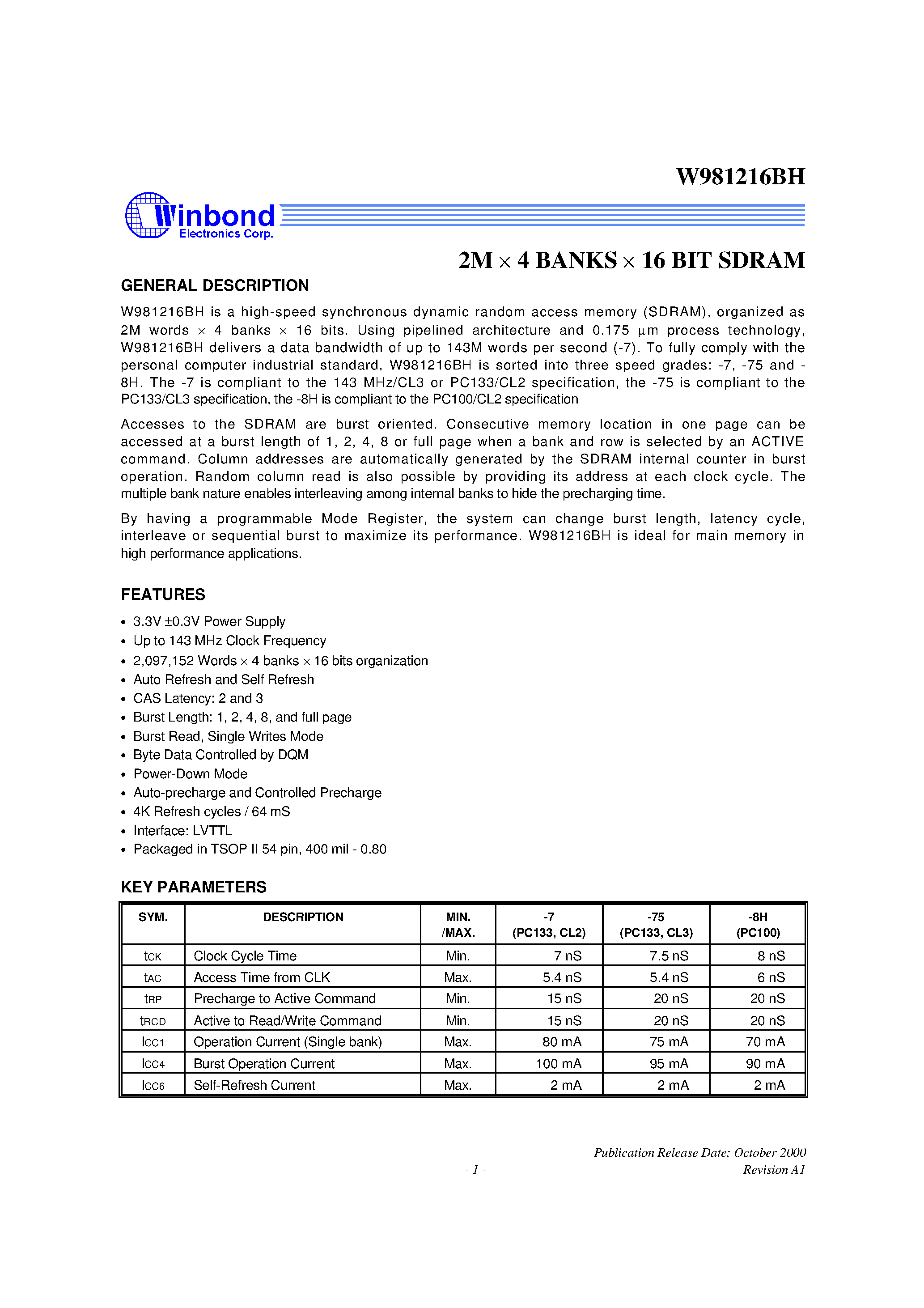 Datasheet W981216BH - 2M x 4 BANKS x 16 BIT SDRAM page 1