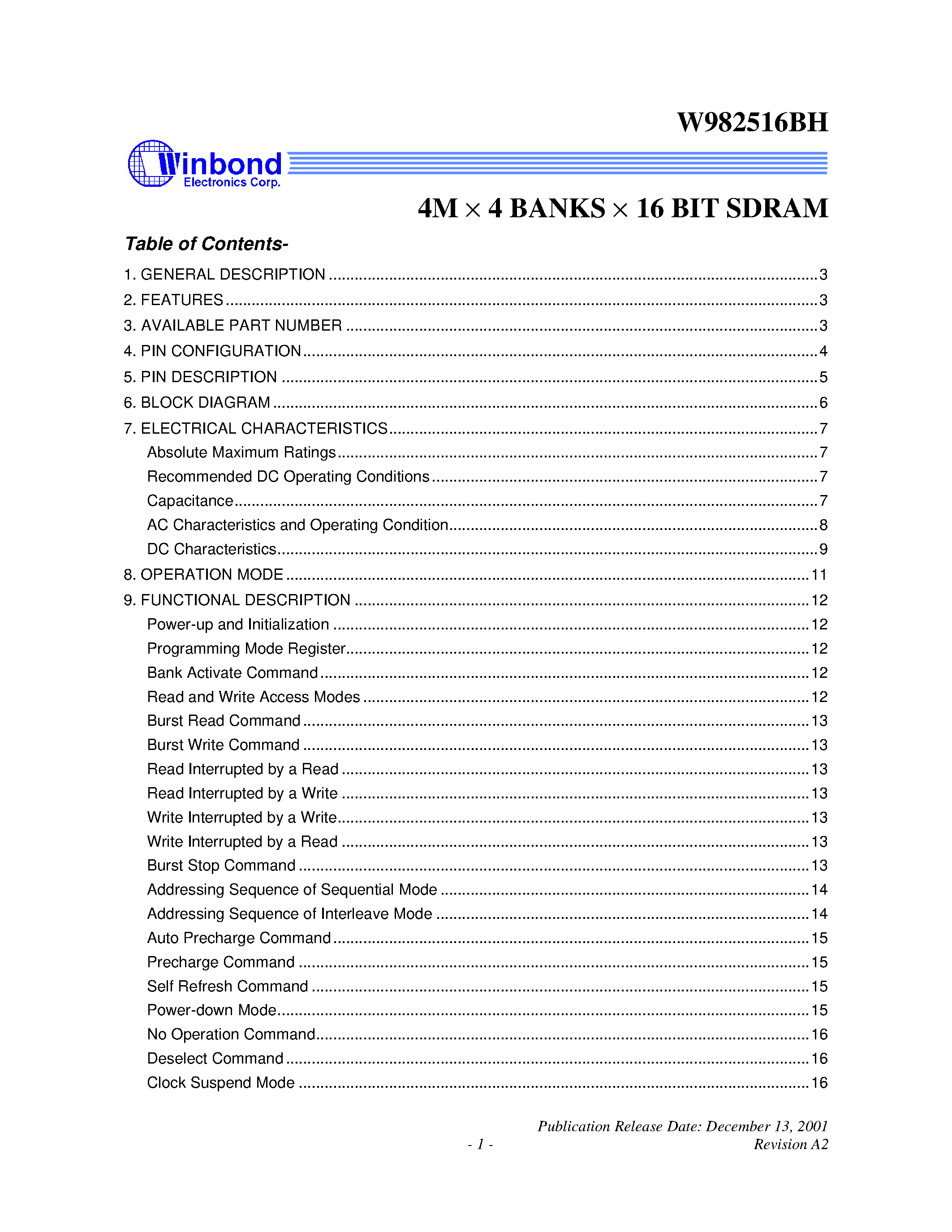 Datasheet W982516BH - 4M X 4 BANKS X 16 BIT SDRAM page 1