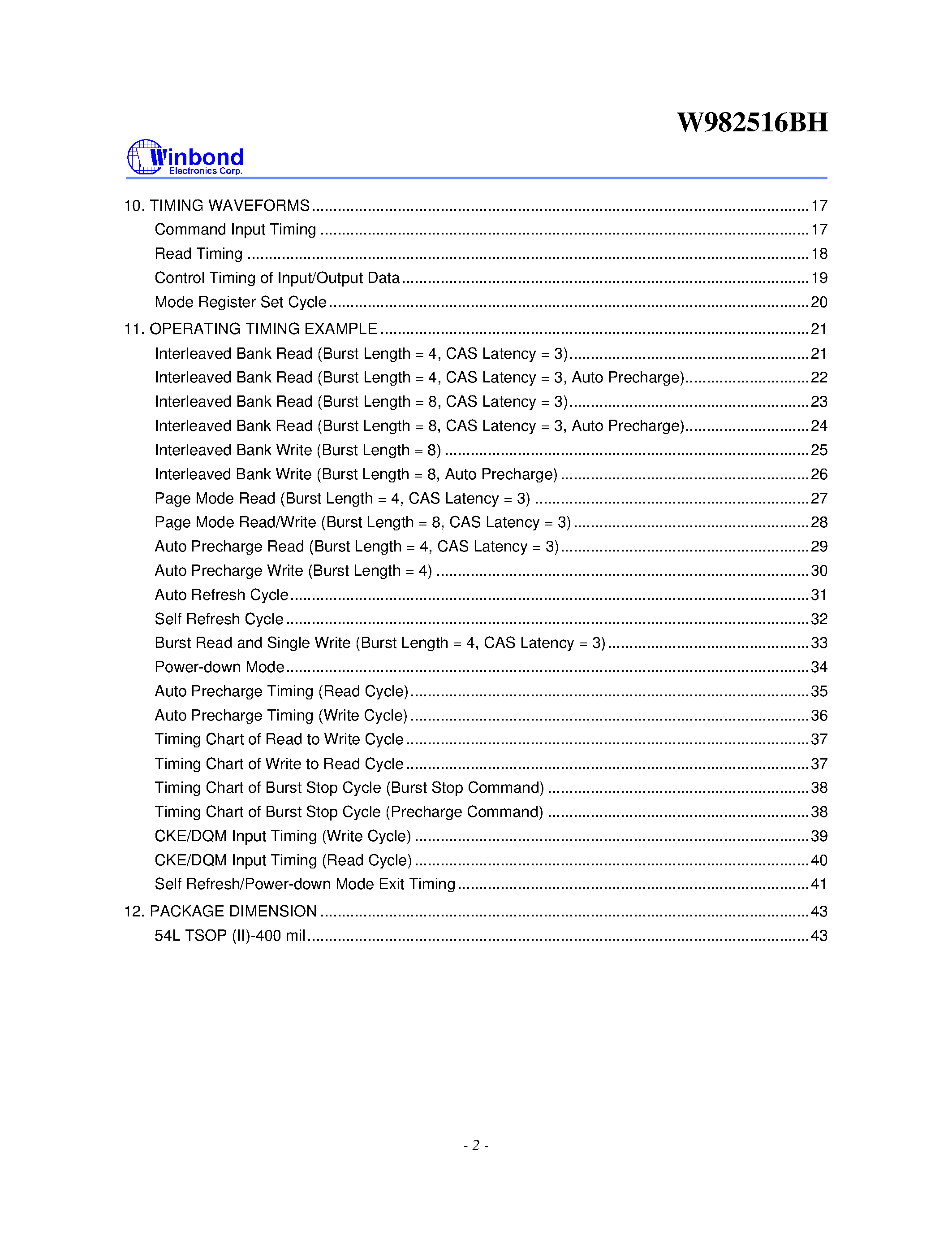 Datasheet W982516BH - 4M X 4 BANKS X 16 BIT SDRAM page 2