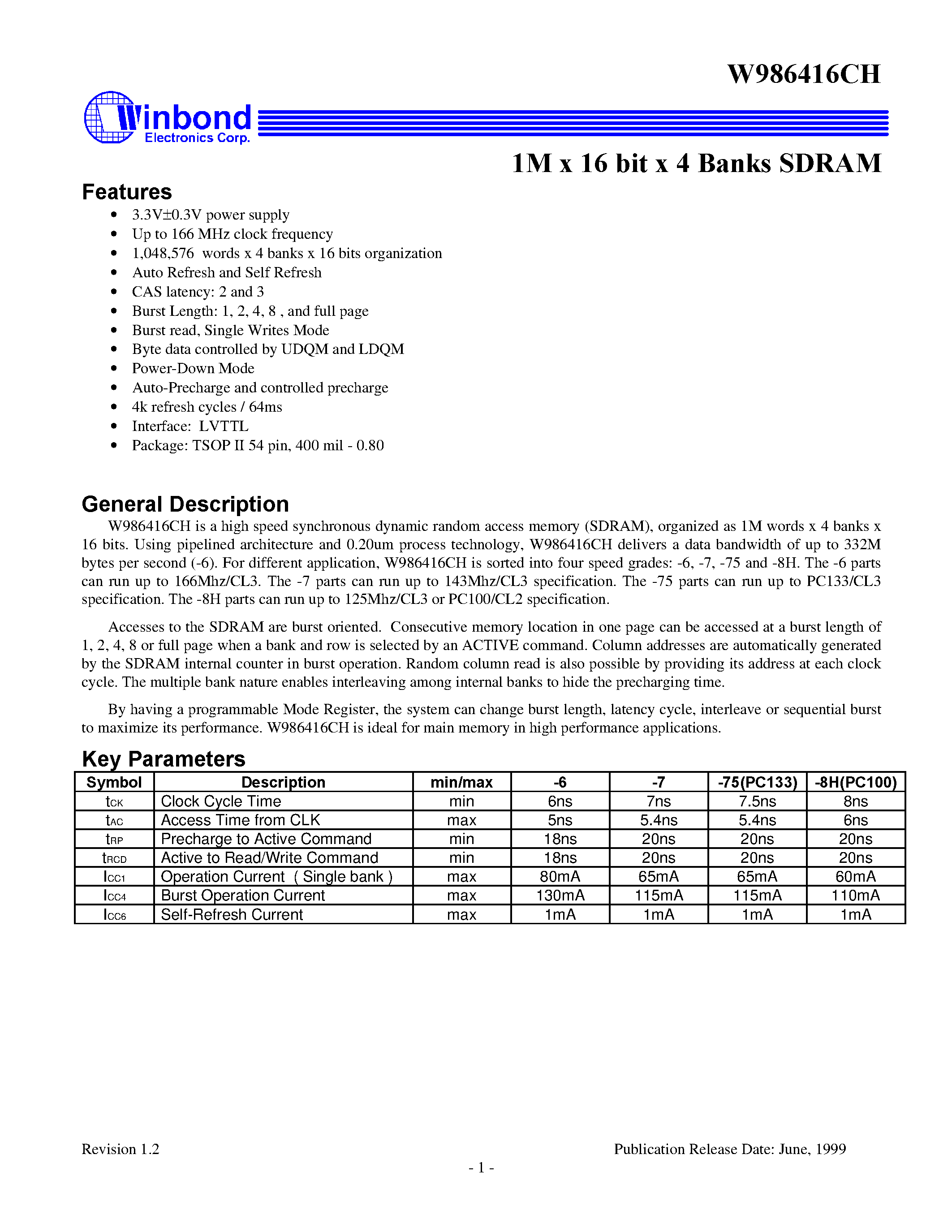 Datasheet W986416CH - 1M x 16 BIT x 4 BANKS SDRAM page 1