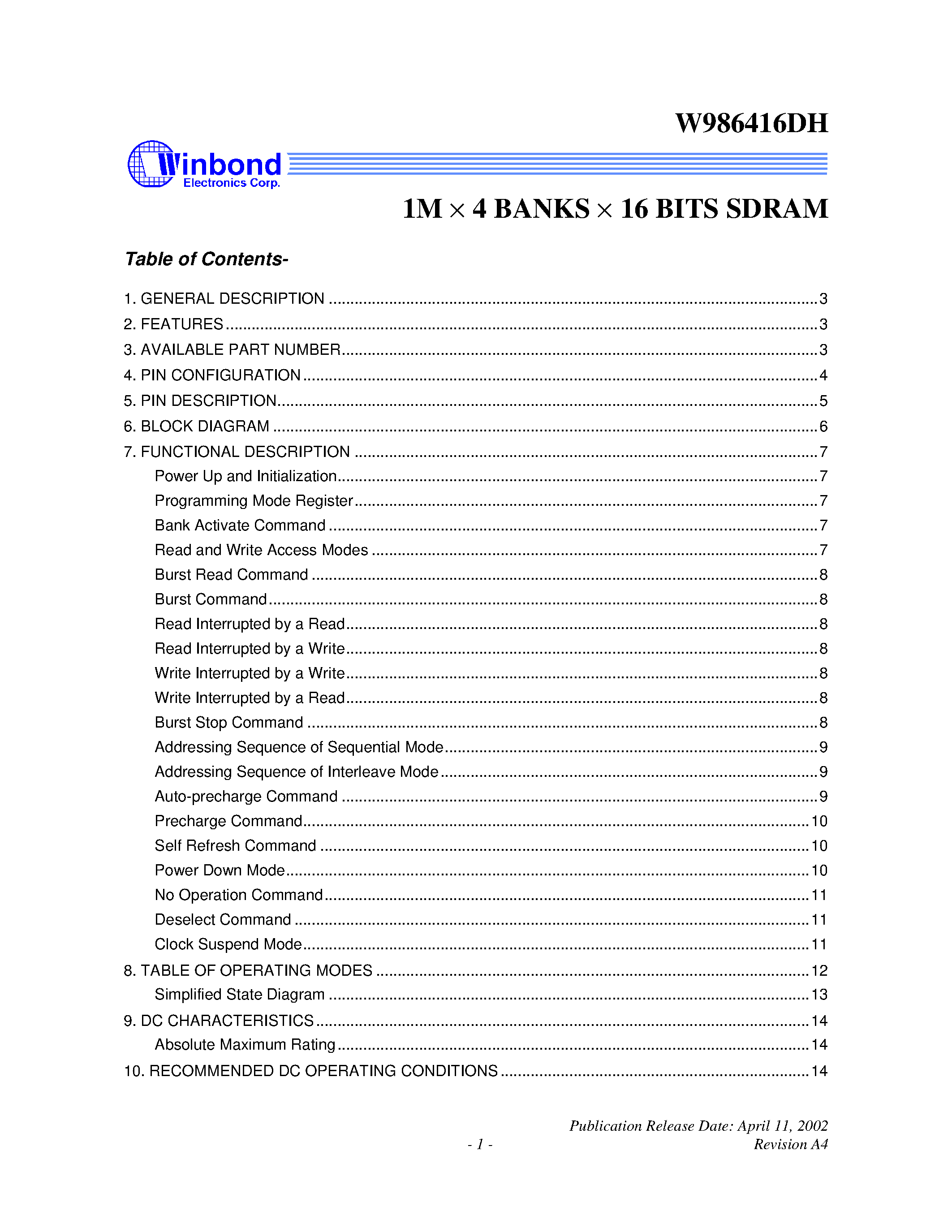 Datasheet W986416DH - 1M X 4 BANKS X 16 BITS SDRAM page 1