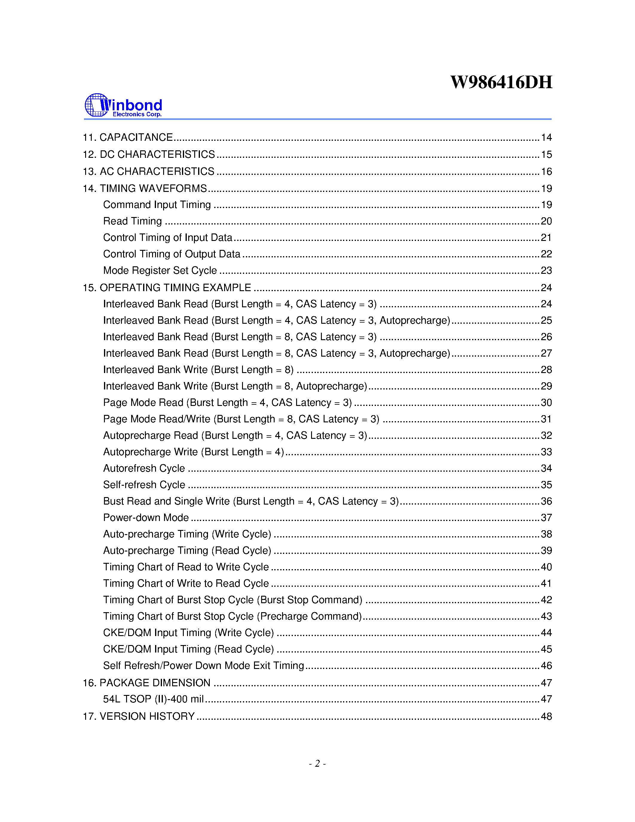 Datasheet W986416DH - 1M X 4 BANKS X 16 BITS SDRAM page 2