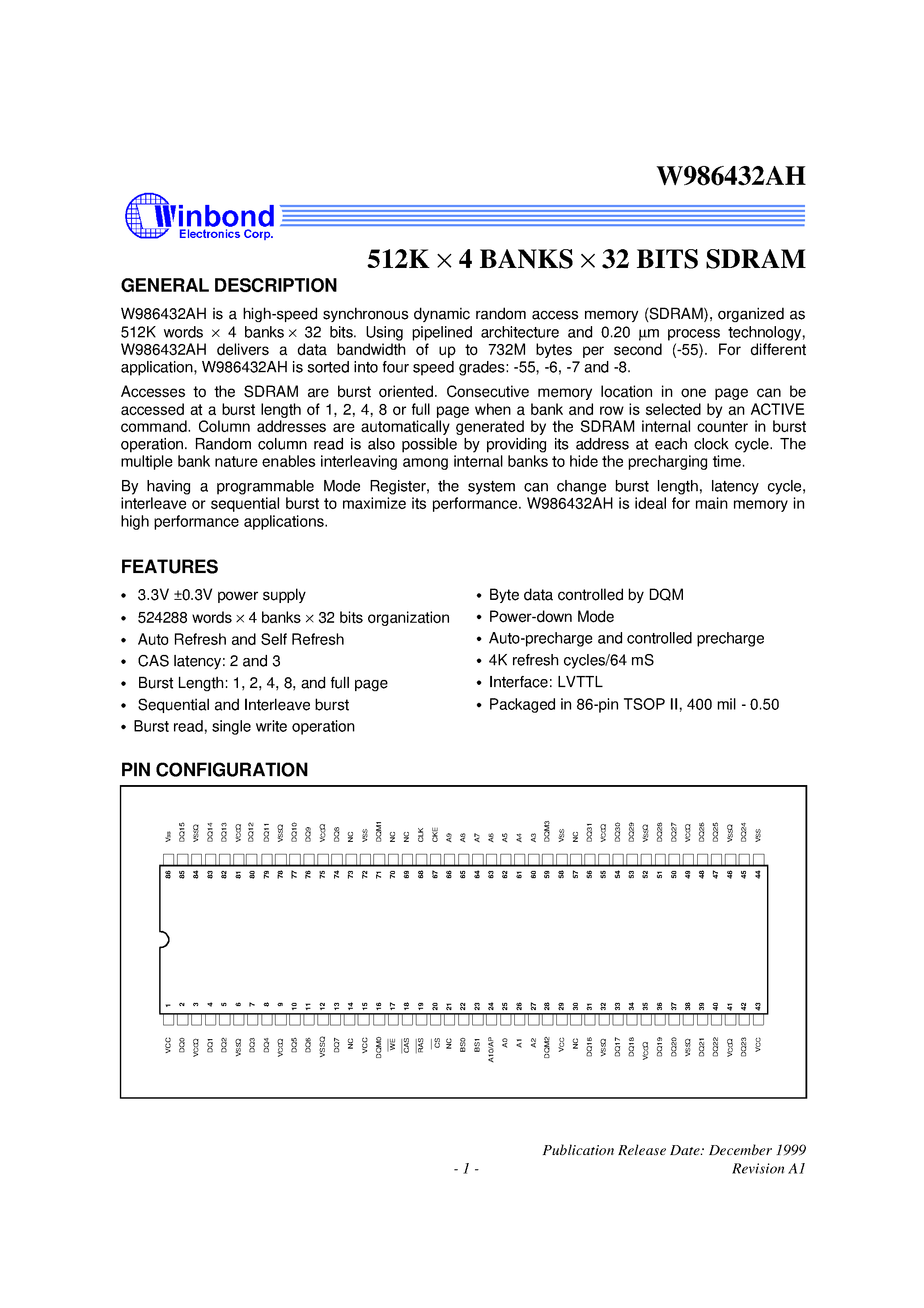 Datasheet W986432AH - 512K x 4 BANKS x 32 BITS SDRAM page 1