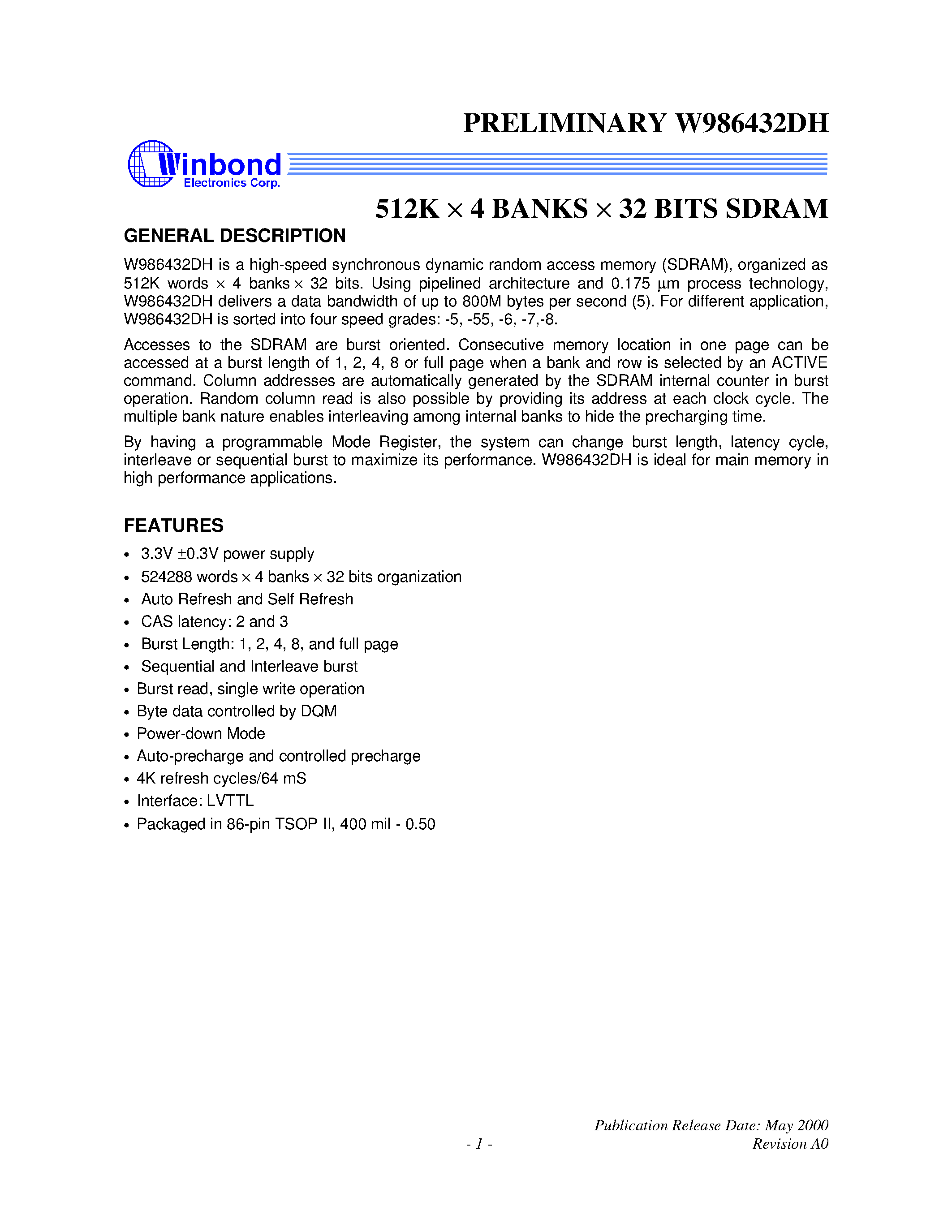 Datasheet W986432DH - 512K 4 BANKS 32 BITS SDRAM page 1