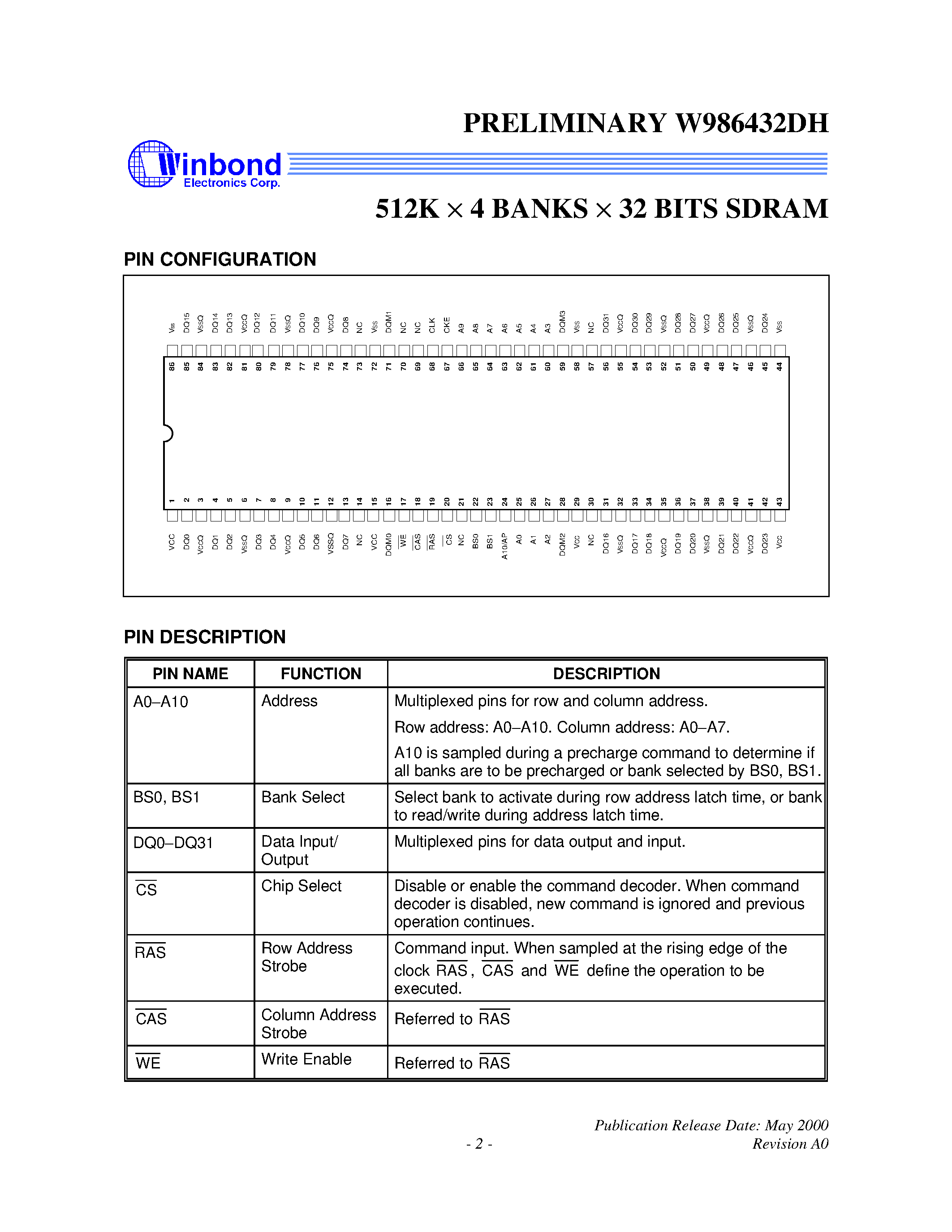 Datasheet W986432DH - 512K 4 BANKS 32 BITS SDRAM page 2