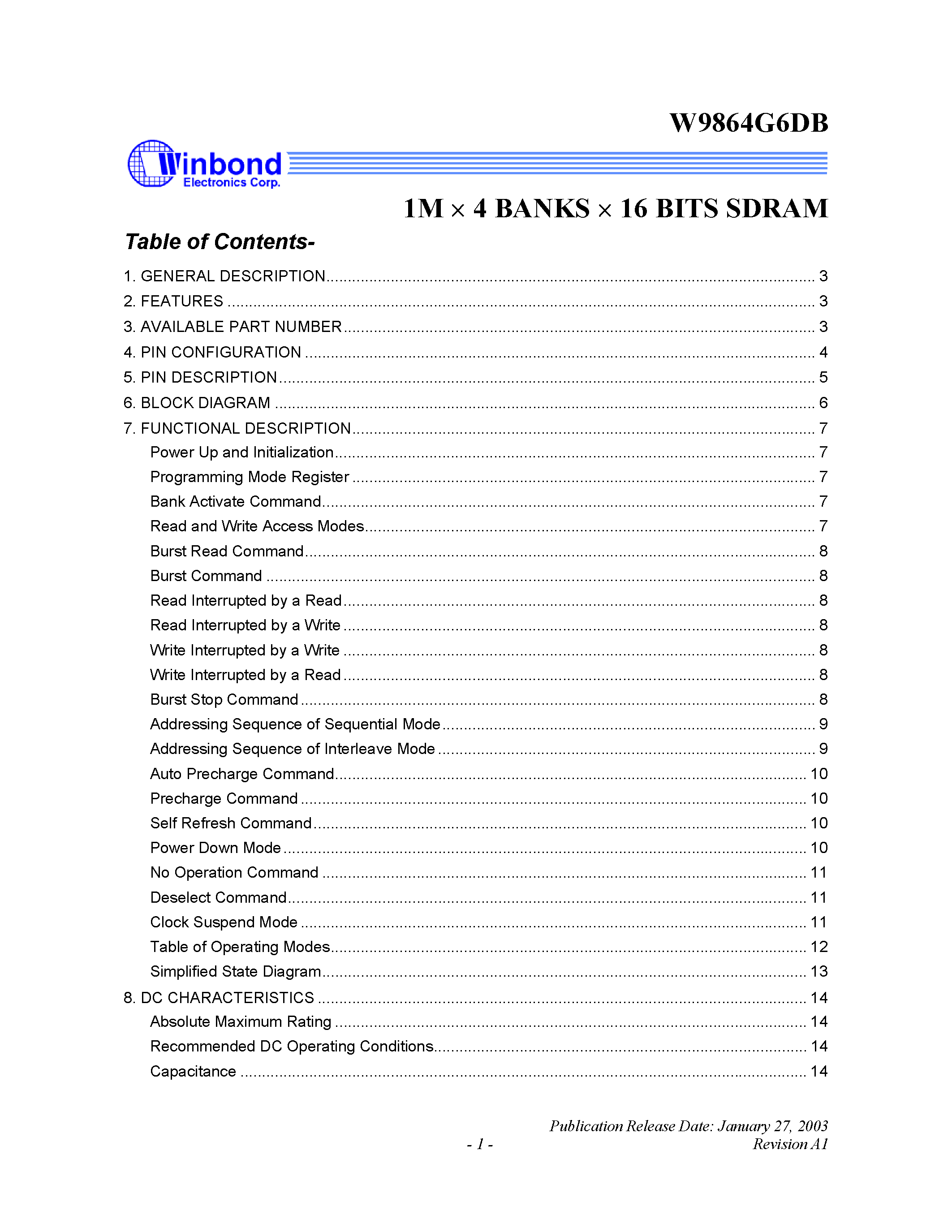 Datasheet W9864G6DB - 1M x 4 BANKS x 16 BITS SDRAM page 1