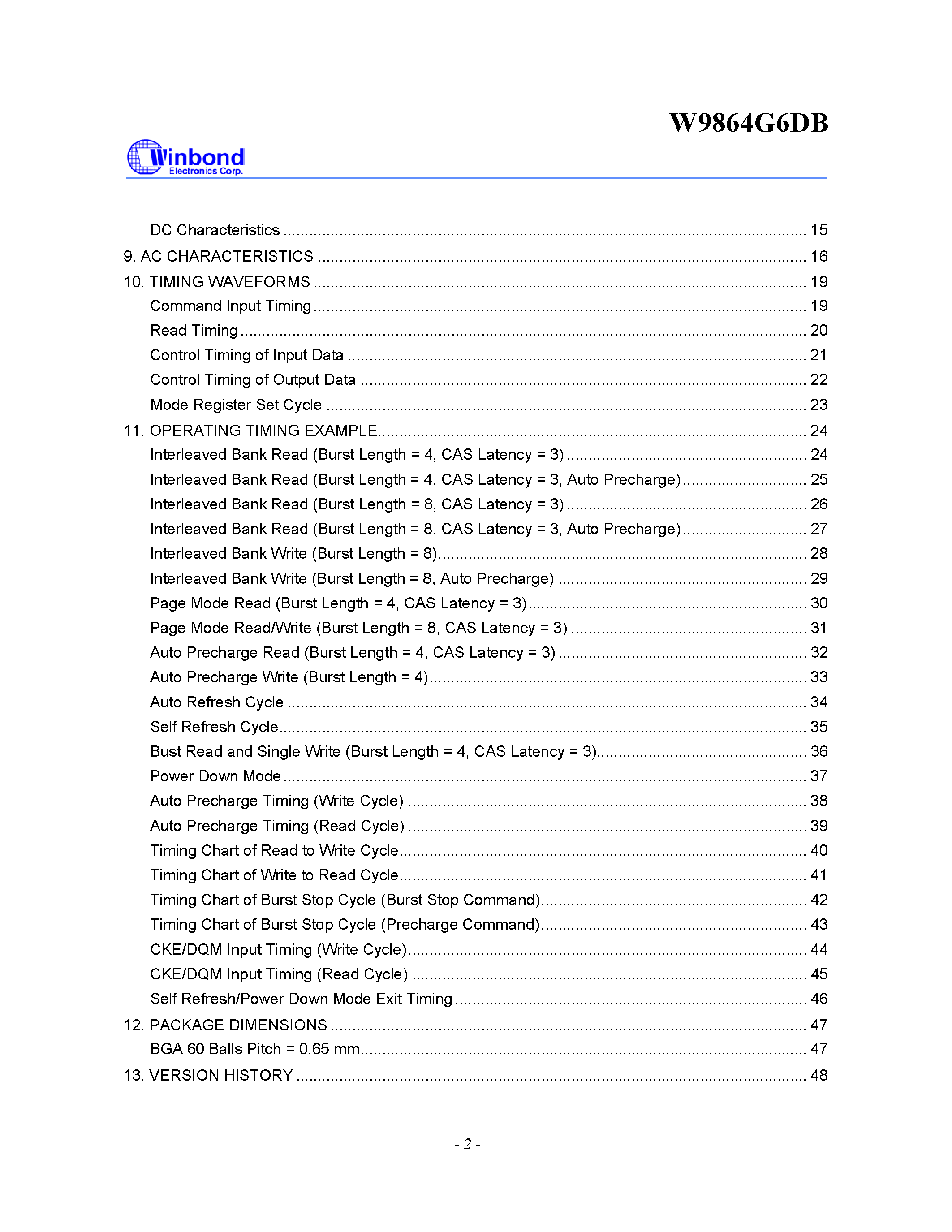 Datasheet W9864G6DB - 1M x 4 BANKS x 16 BITS SDRAM page 2