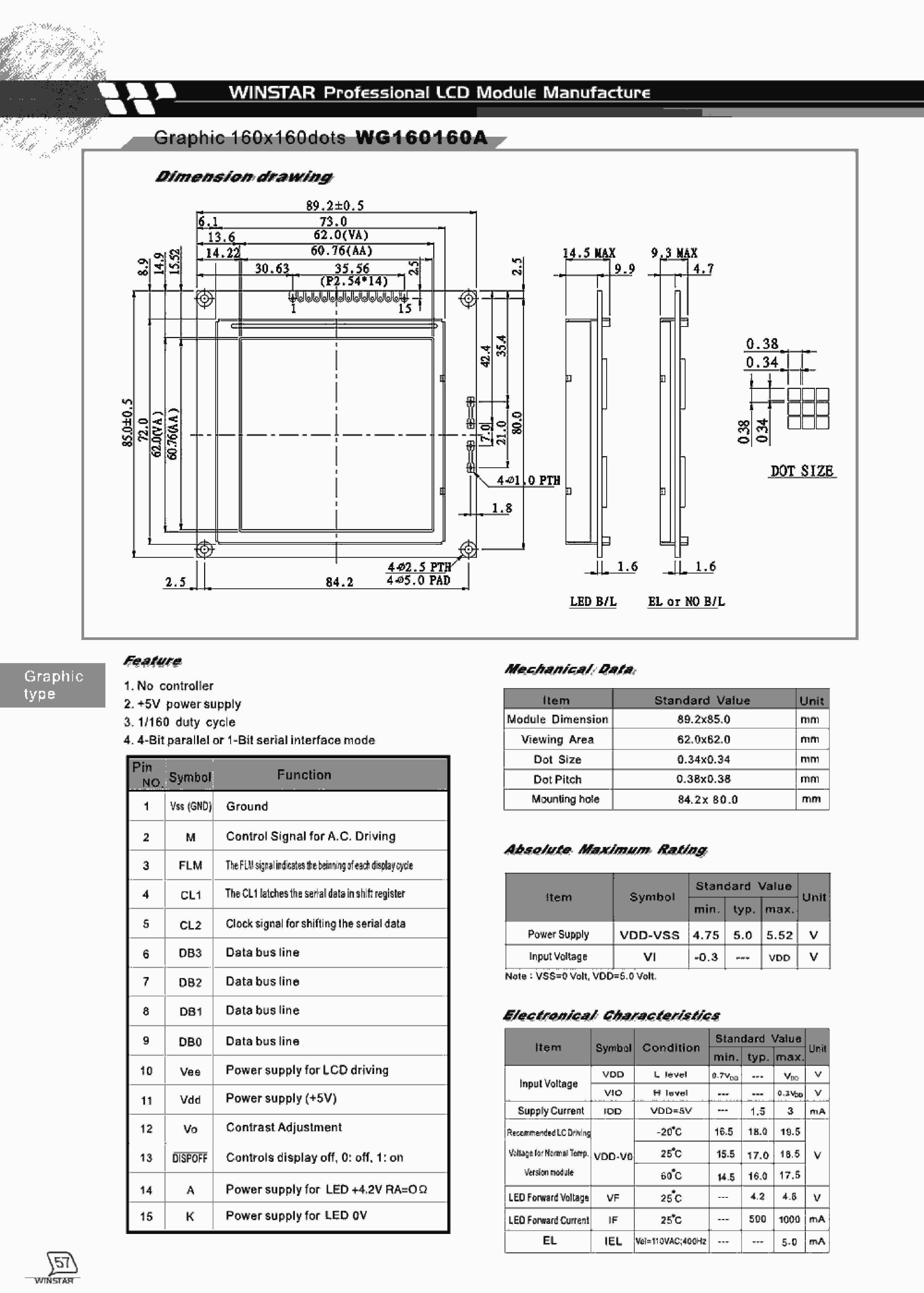 Datasheet WG160160A - LCD MODULE GRAPHIC 160 x 160 DOTS page 1