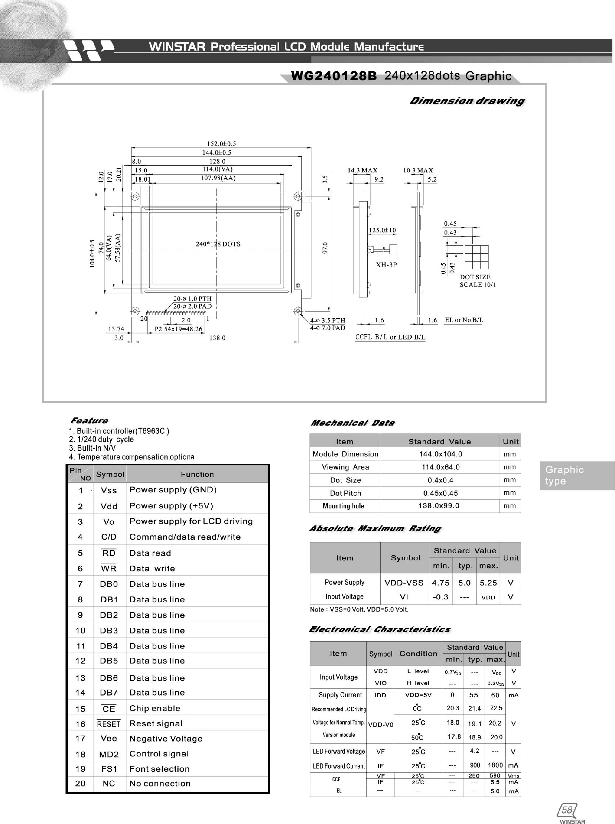 Datasheet WG240128B - LCD MODULE 240 X 128 DOTS GRAPHIC page 1