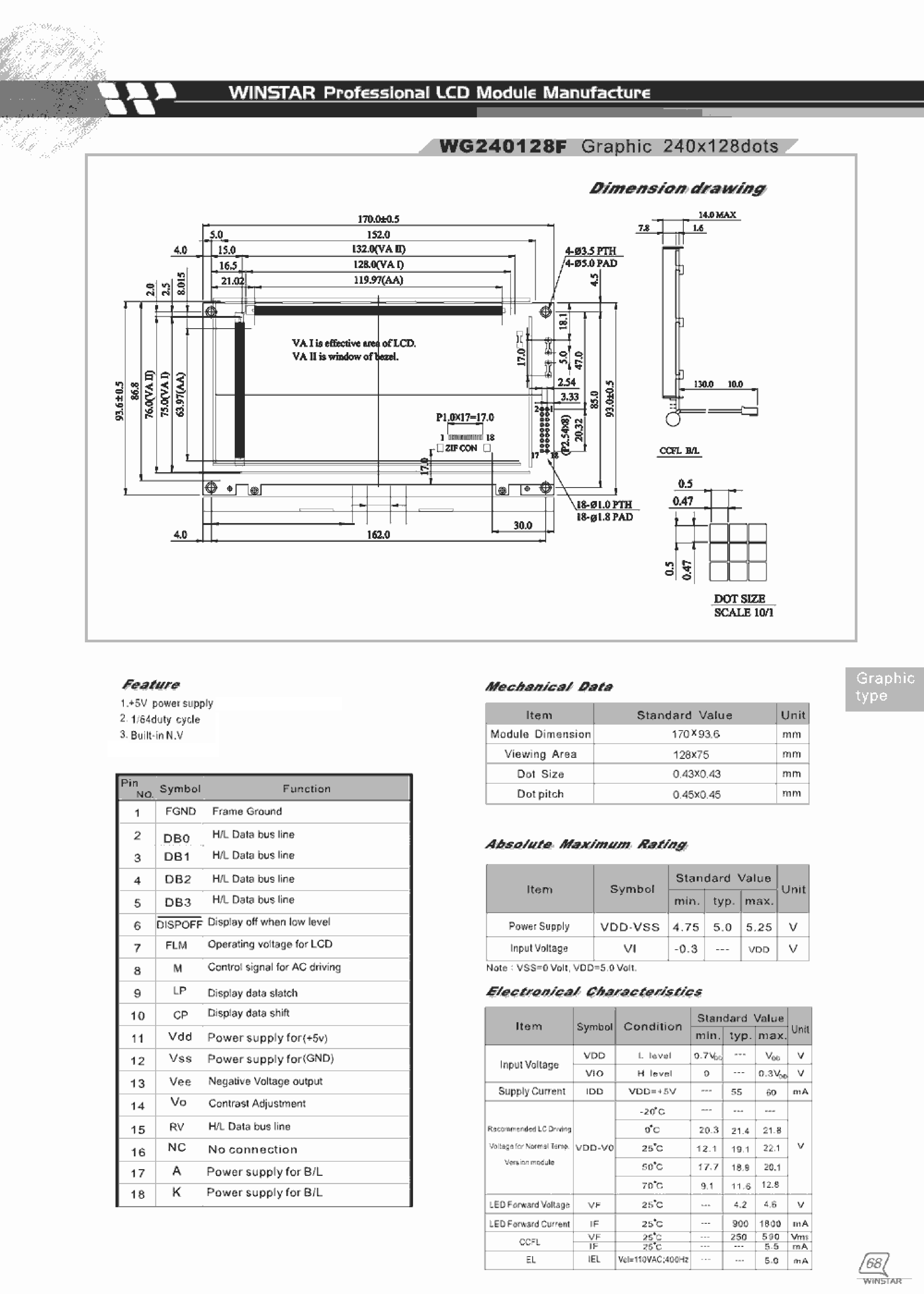 Datasheet WG240128F - LCD MODULE GRAPHIC 240 X 128 DOTS page 1