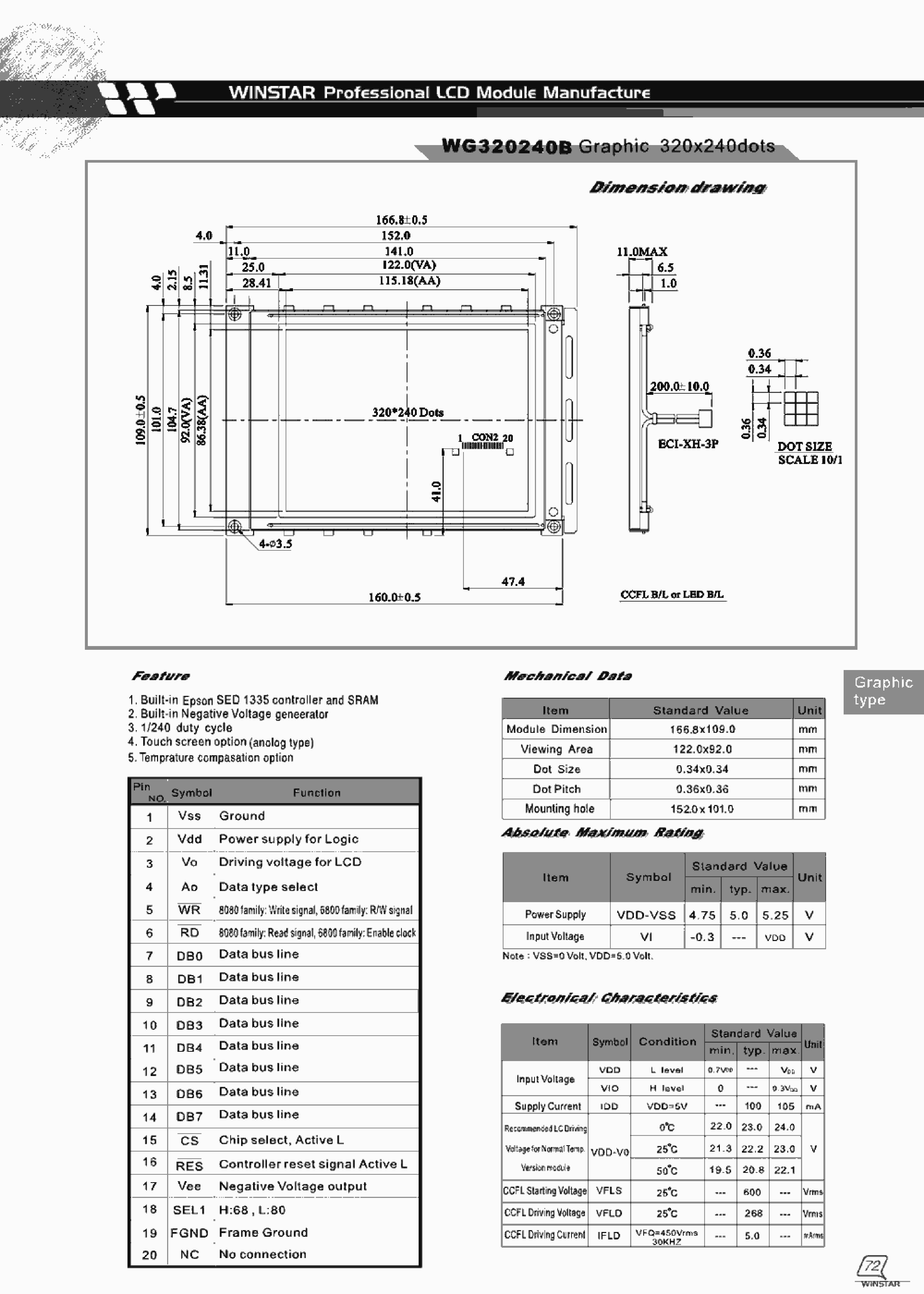 Datasheet WG320240B - LCD MODULE GRAPHIC 320 X 240 DOTS page 1