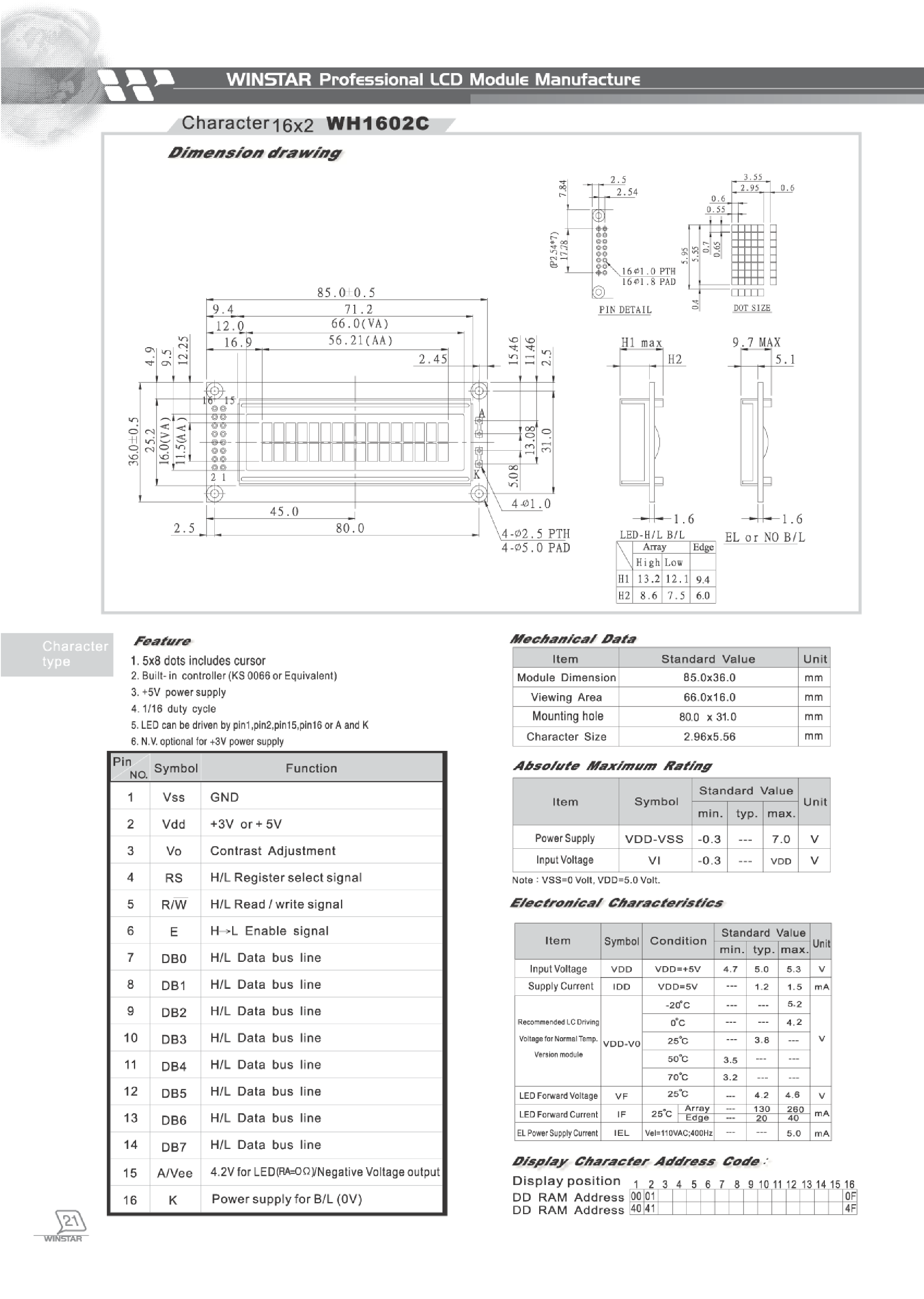 Даташит WH1602C - CHARACTER 16 X 2 страница 1