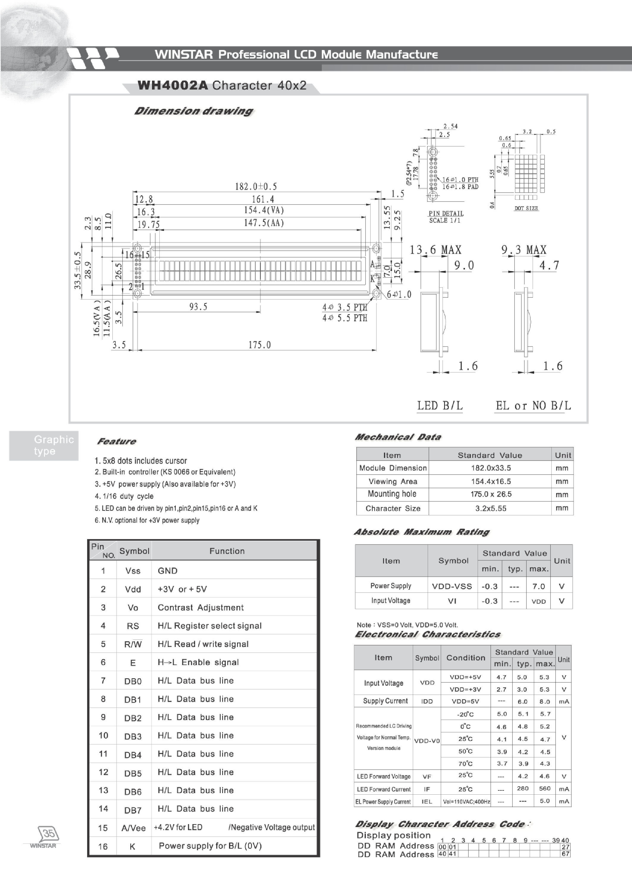 Даташит WH4002 - LCD MODULE CHARACTER 40 X 2 страница 1