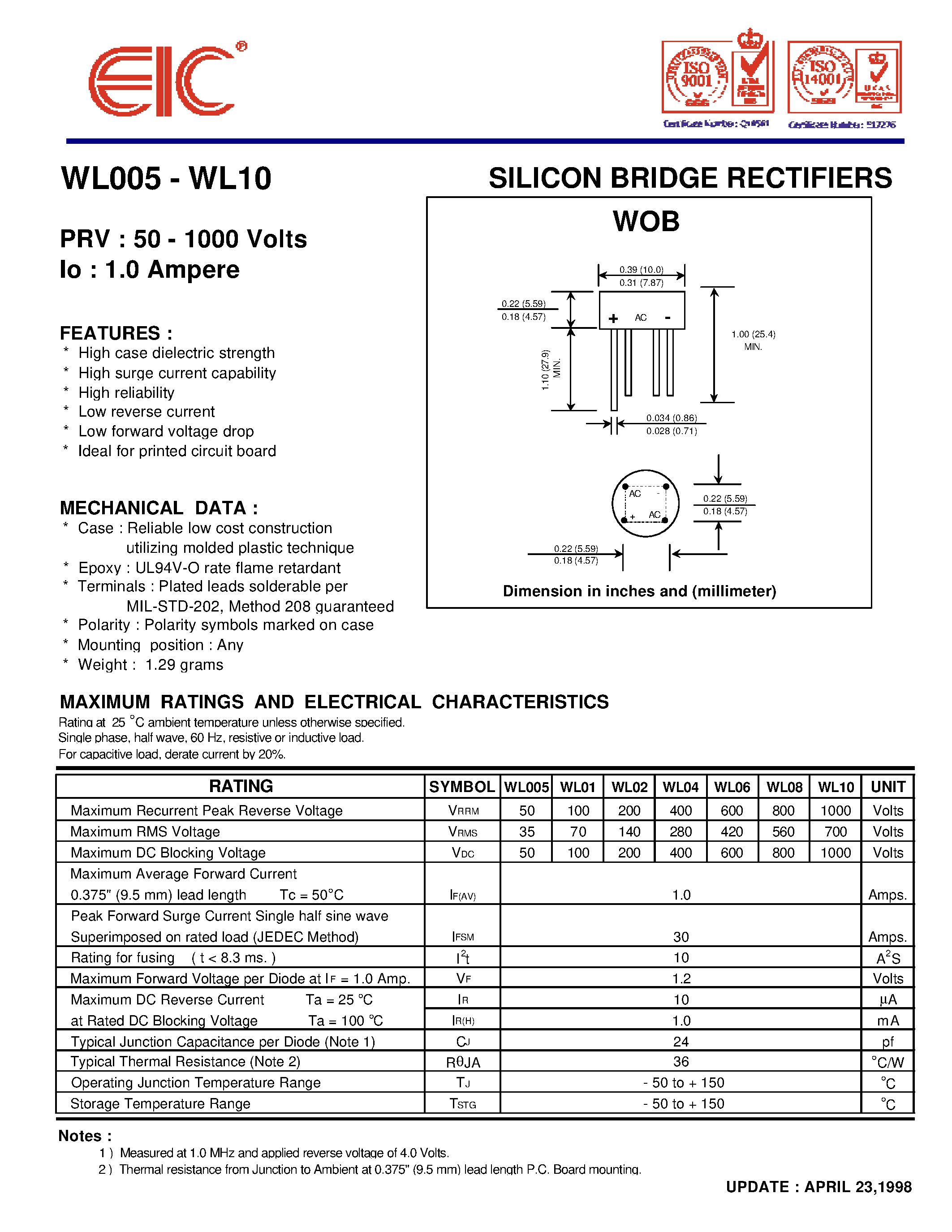 Datasheet WL005 - SILICON BRIDGE RECTIFIERS page 1