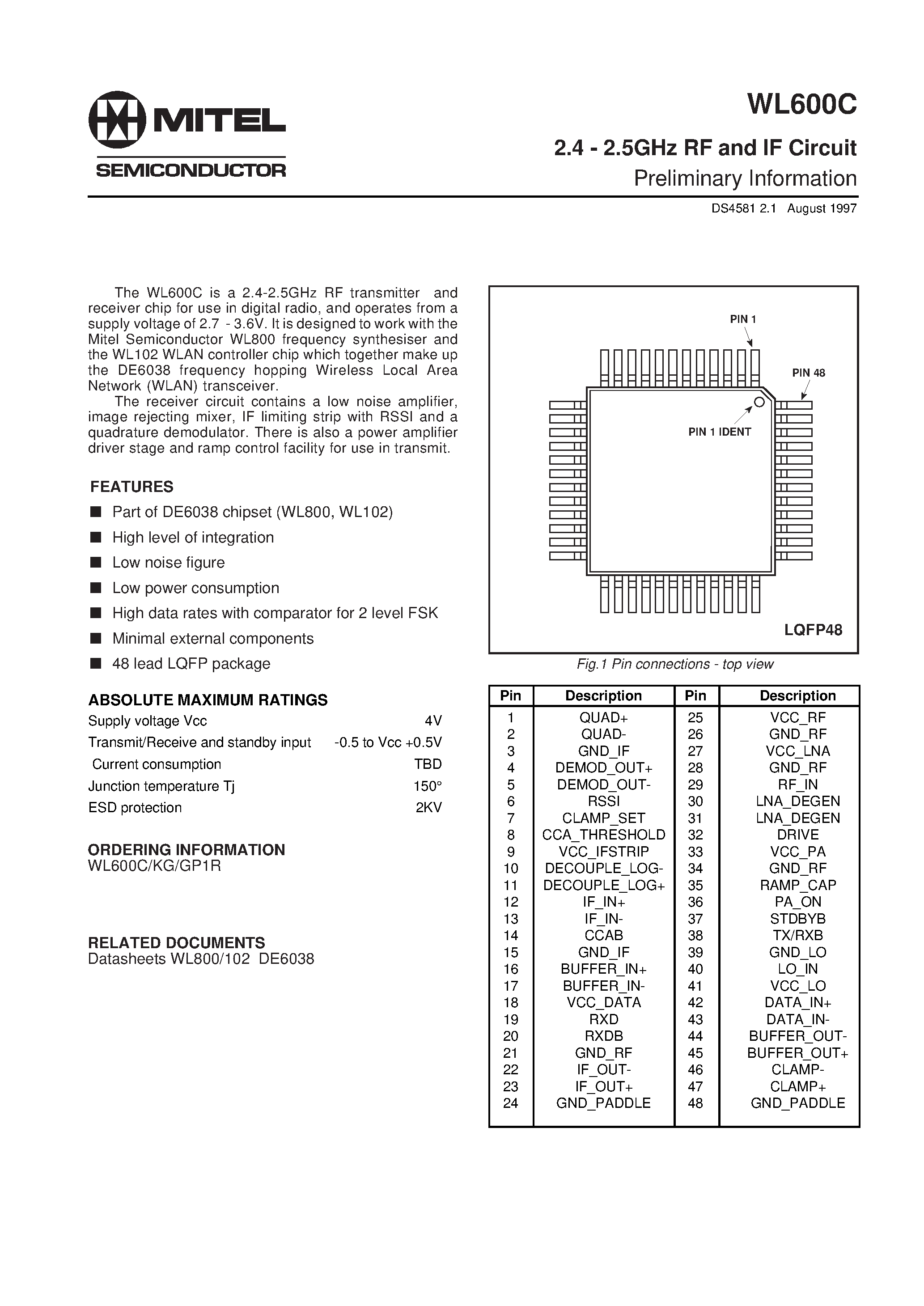 Datasheet WL600C - 2.4 - 2.5GHz RF and IF Circuit page 1