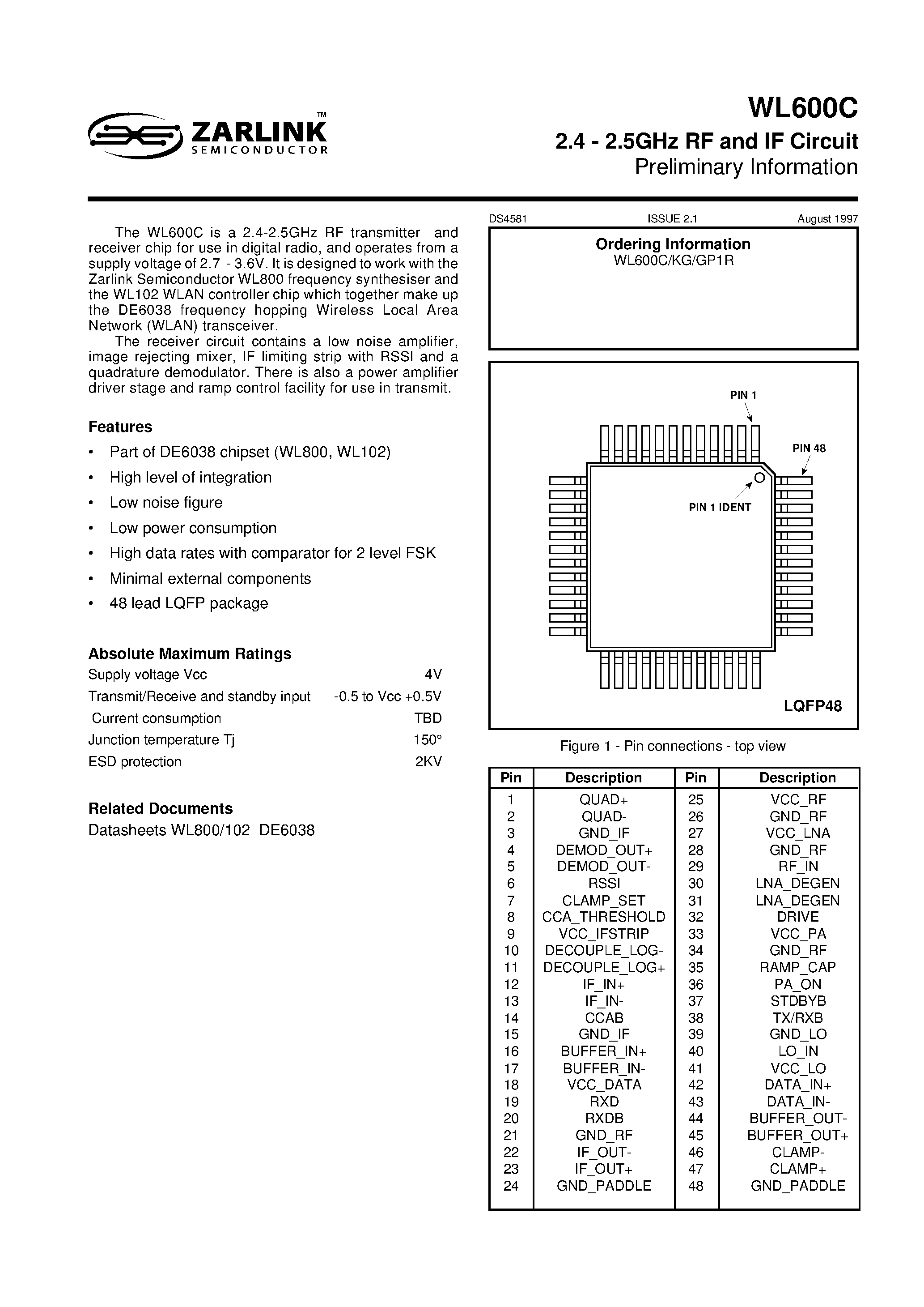 Datasheet WL600C - 2.4 - 2.5GHz RF and IF Circuit page 2