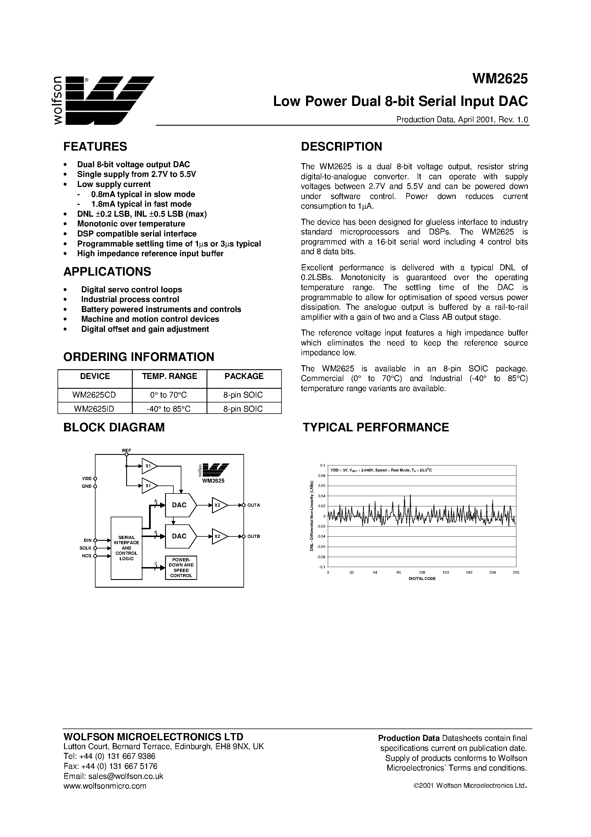 Даташит WM2625 - Low Power Dual 8-bit Serial Input DAC страница 1