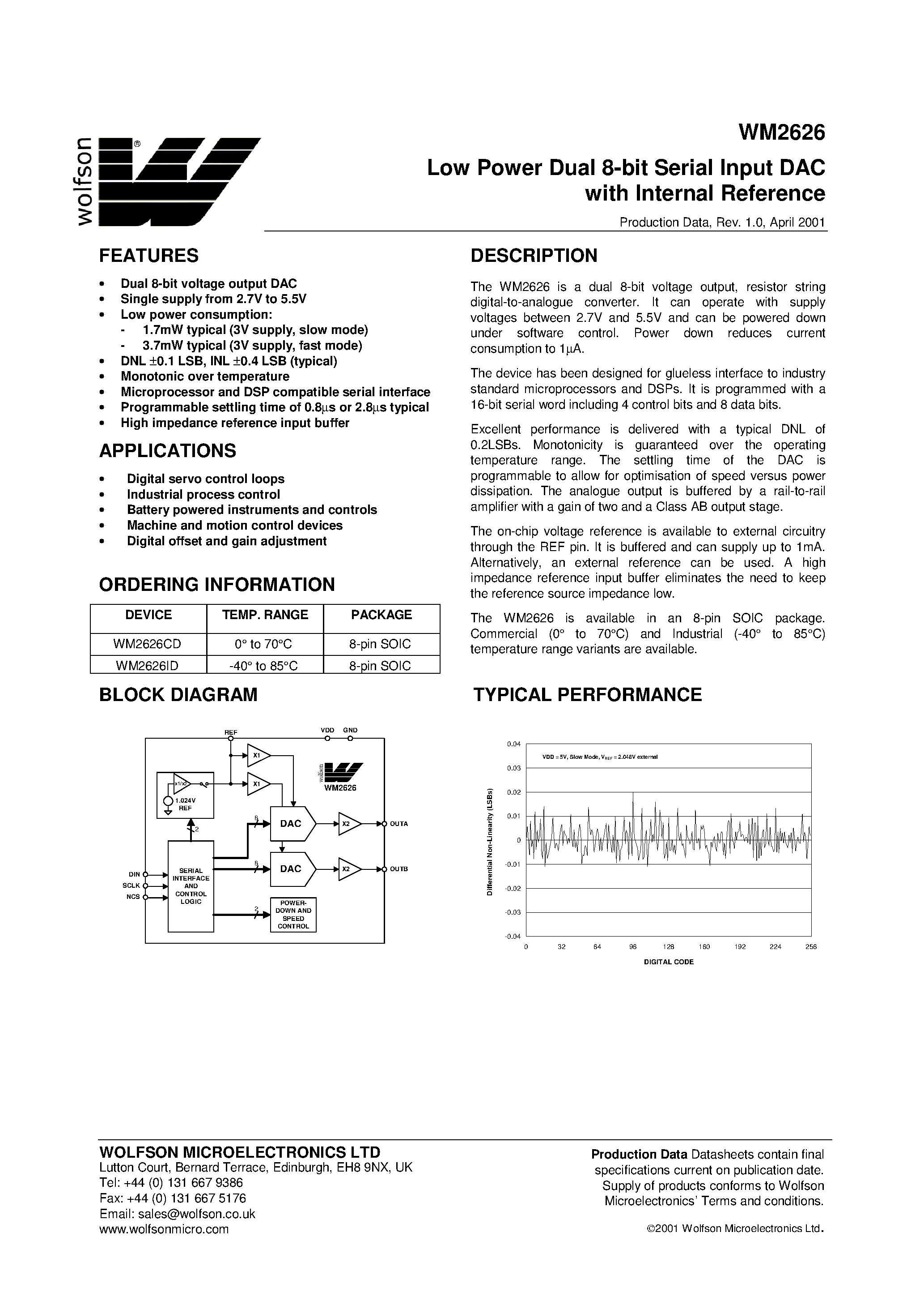 Даташит WM2626 - Low Power Dual 8-bit Serial Input DAC with Internal Reference страница 1