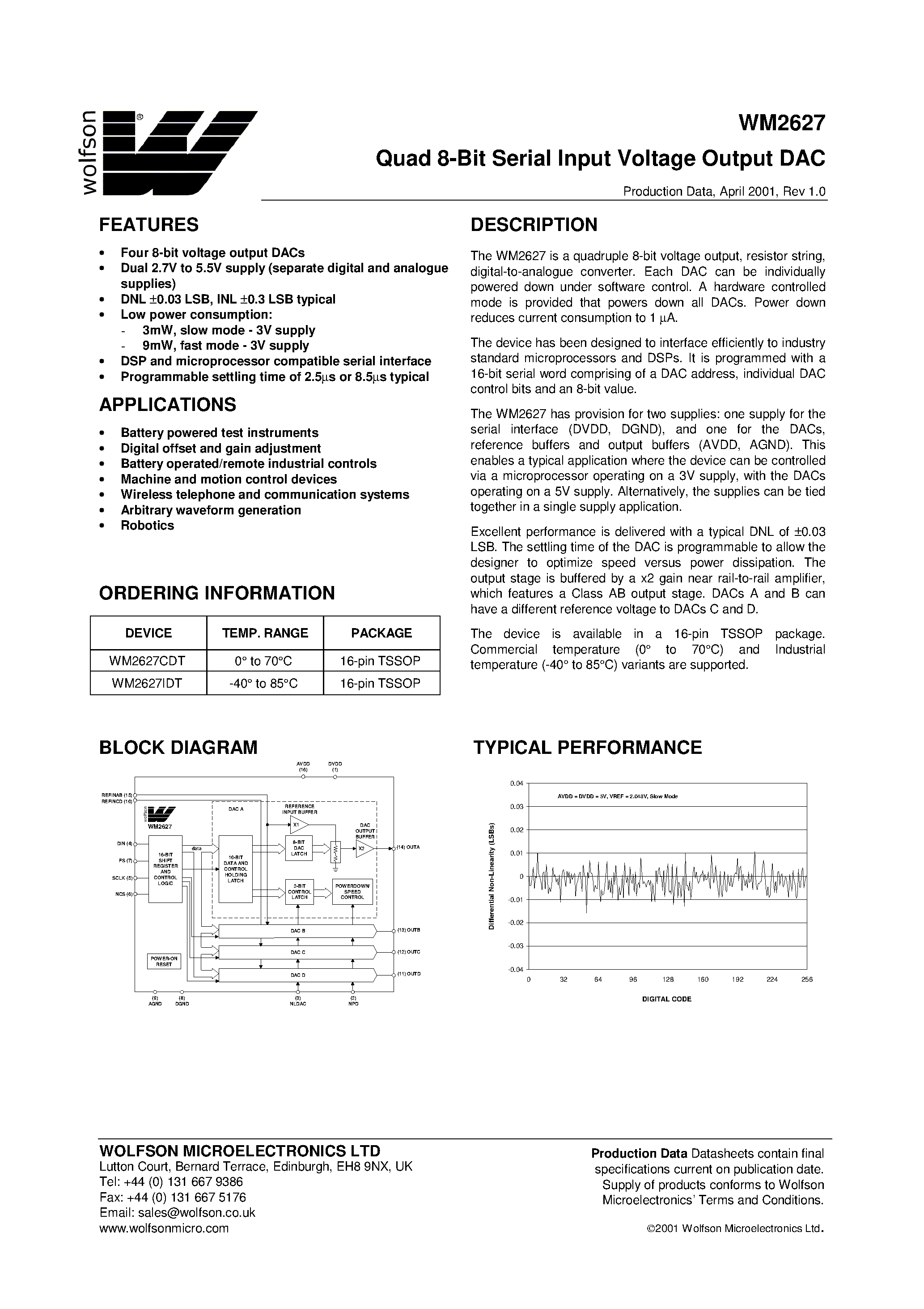 Даташит WM2627 - Quad 8-Bit Serial Input Voltage Output DAC страница 1