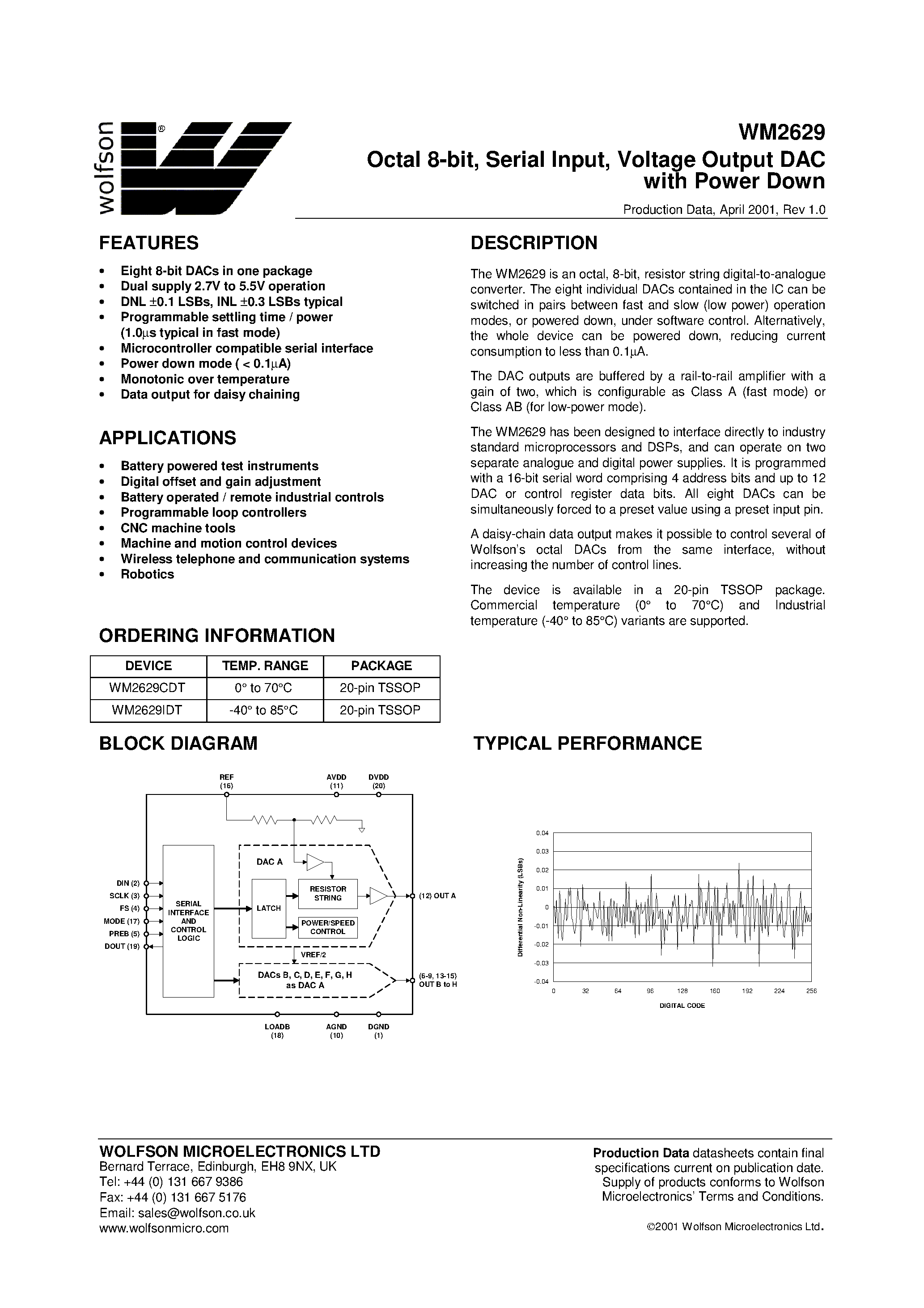 Даташит WM2629 - Octal 8-bit/ Serial Input/ Voltage Output DAC with Power Down страница 1