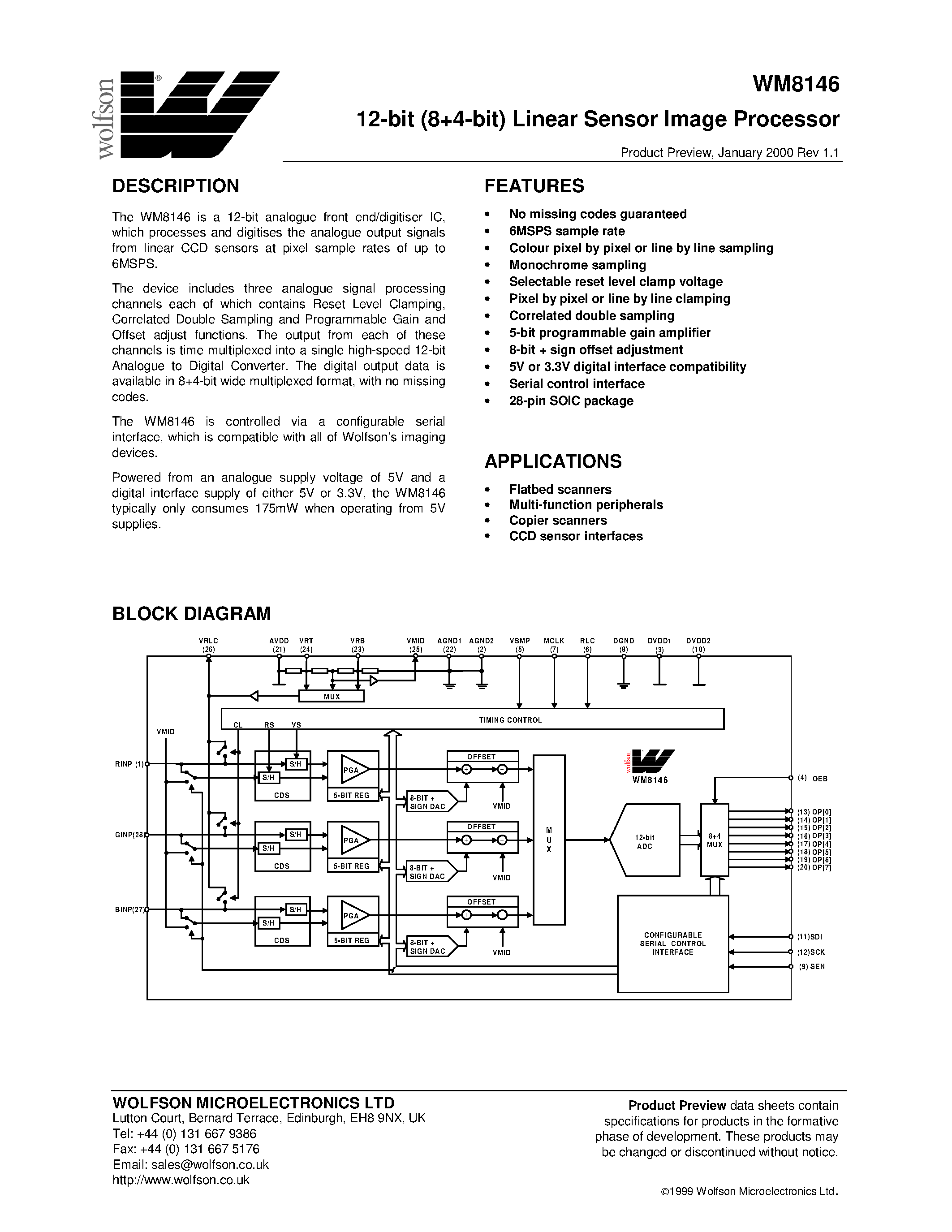 Datasheet WM8146 - 12-bit(8+4-bit) Linear Sensor Image Processor page 1