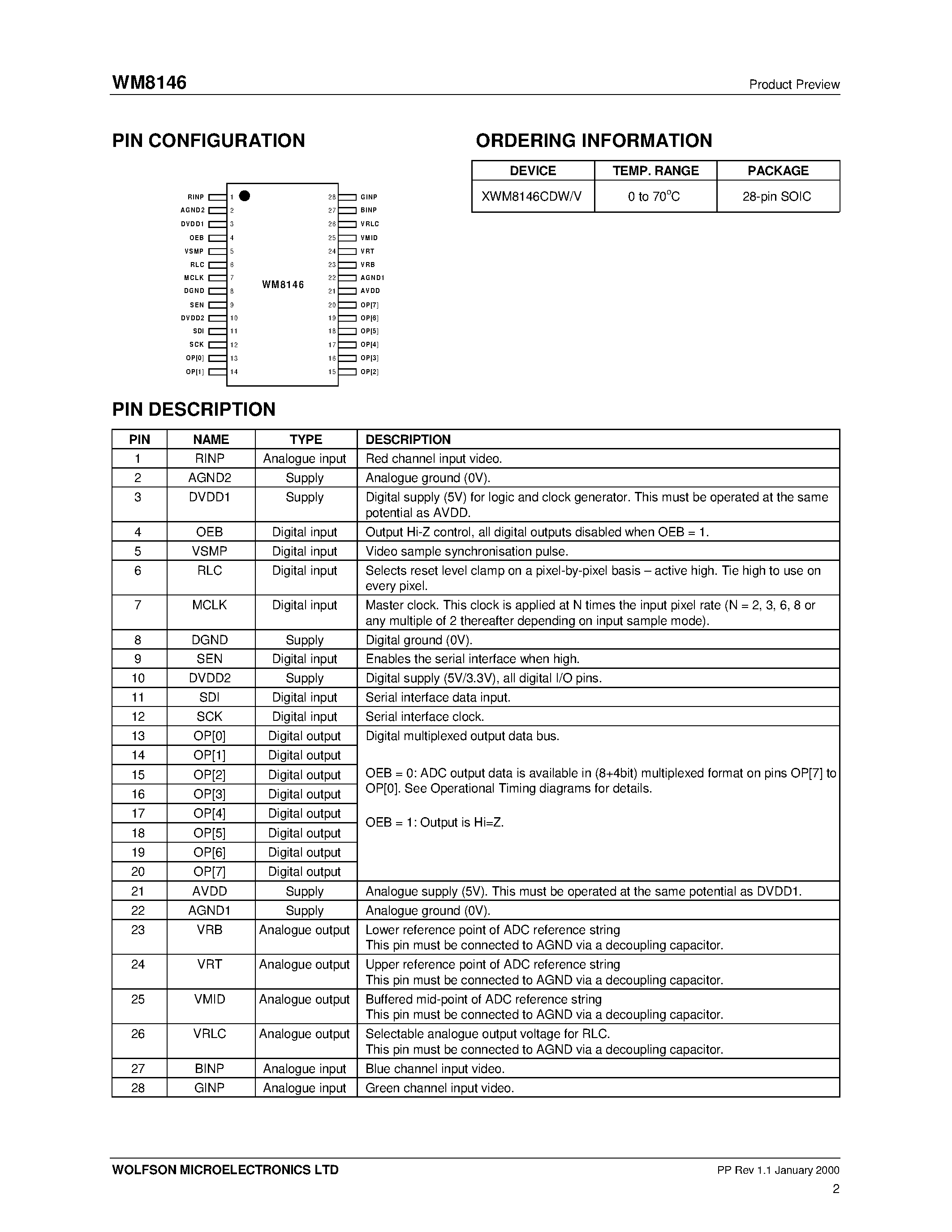 Datasheet WM8146 - 12-bit(8+4-bit) Linear Sensor Image Processor page 2