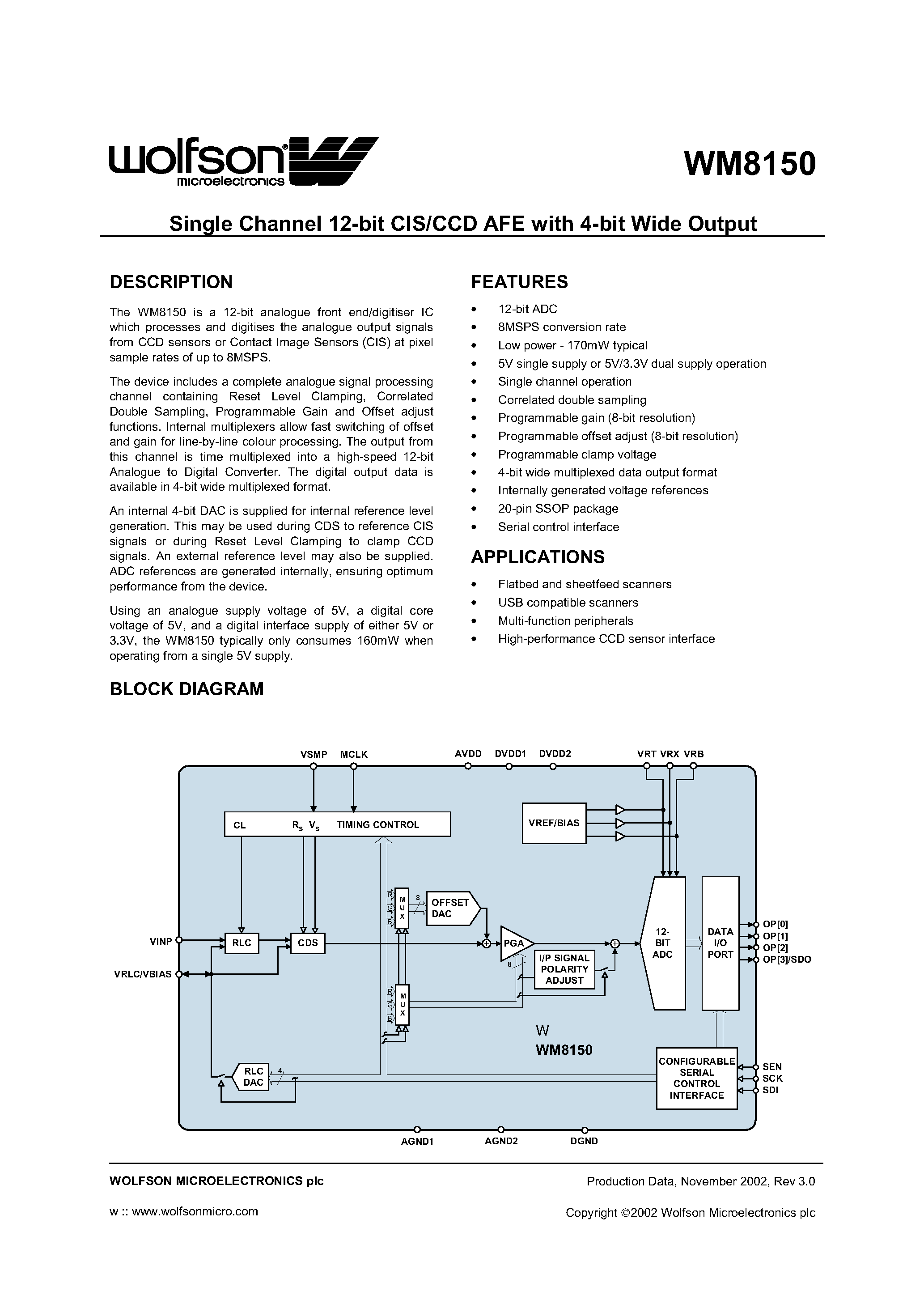 Datasheet WM8150 - SINGLE CHANNEL 12 BIT CIS/CCD AFE WITH 4 BIT WIDE OUTPUT page 1