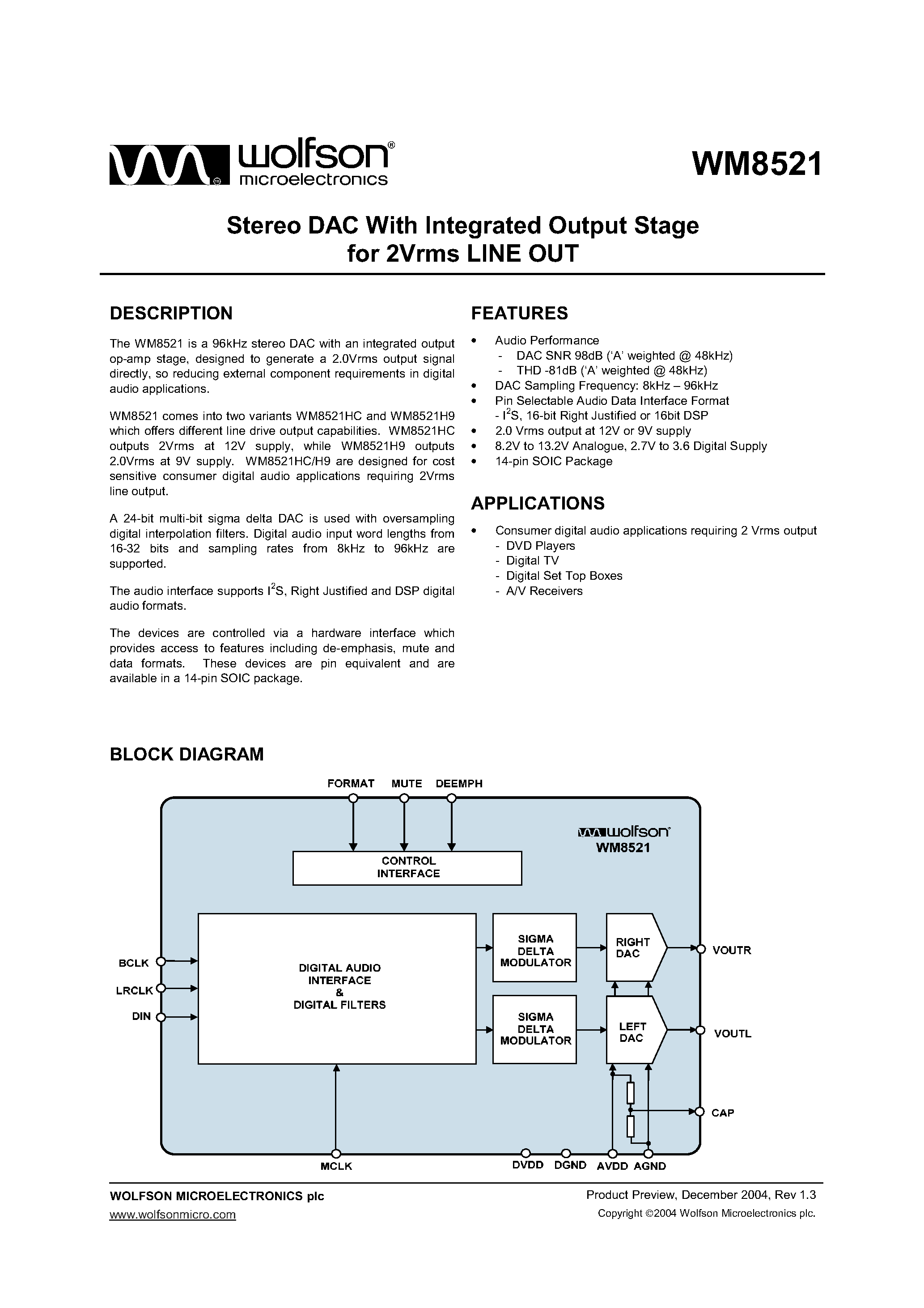 Даташит WM8521H9ED/V - STEREO DAC WITH INTEGRATED OUTPUT STAGE FOR 2VRMS LINE OUT страница 1