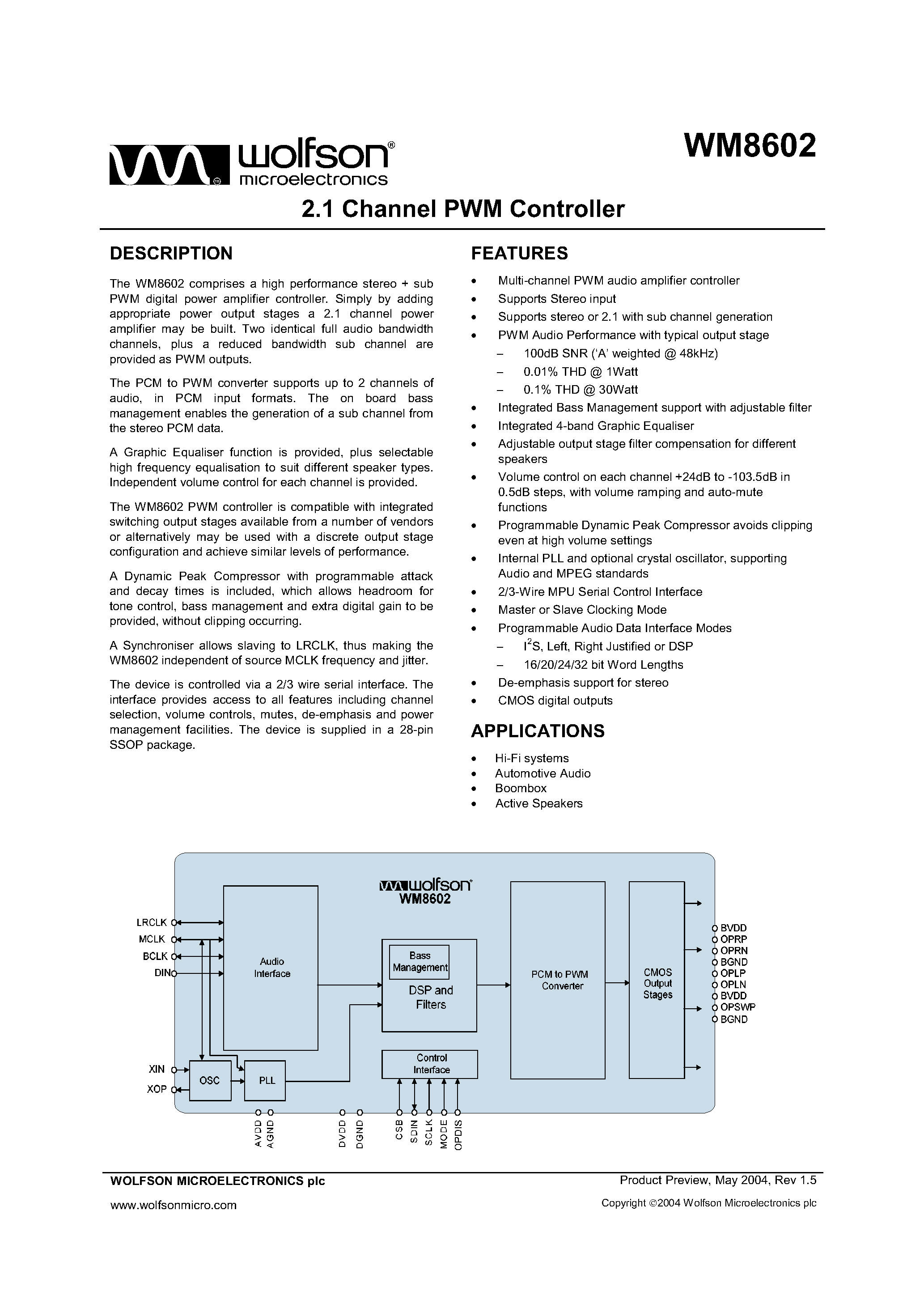 Даташит WM8602 - 2.1 CHANNEL PWM CONTROLLER страница 1