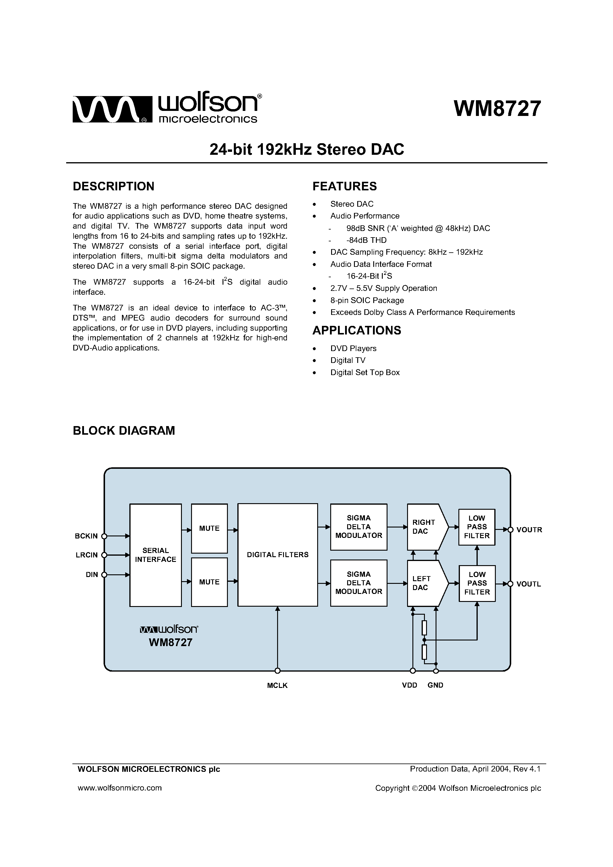 Datasheet WM8727ED/R - 24 BIT 192 KHZ STEREO DAC page 1