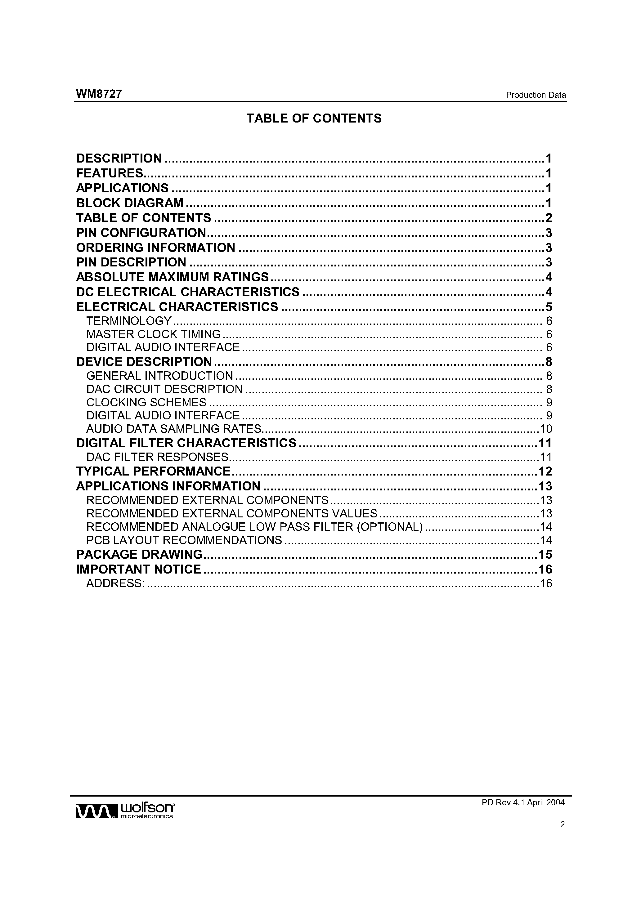 Datasheet WM8727ED/R - 24 BIT 192 KHZ STEREO DAC page 2