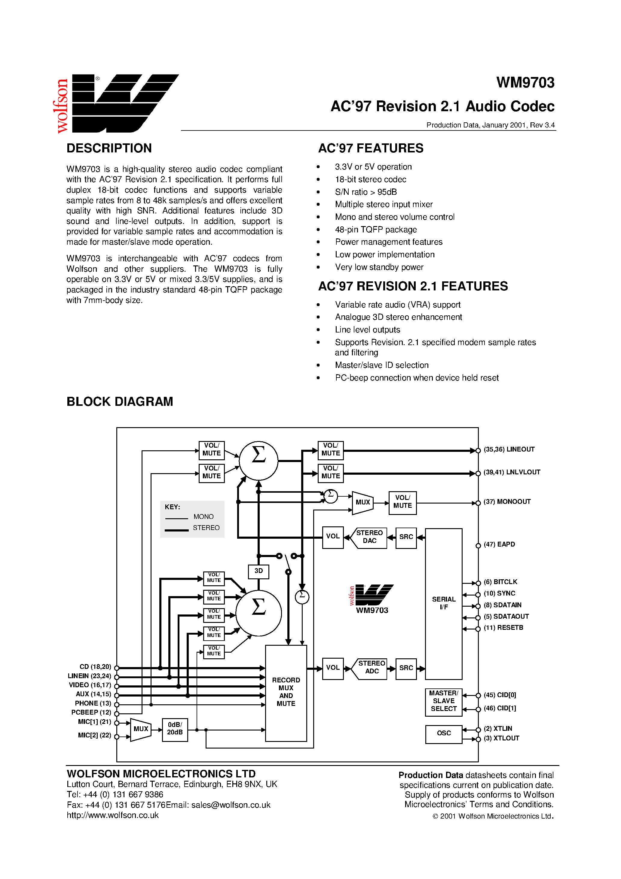 Даташит WM9703 - AC97 Revision 2.1 Audio Codec страница 1