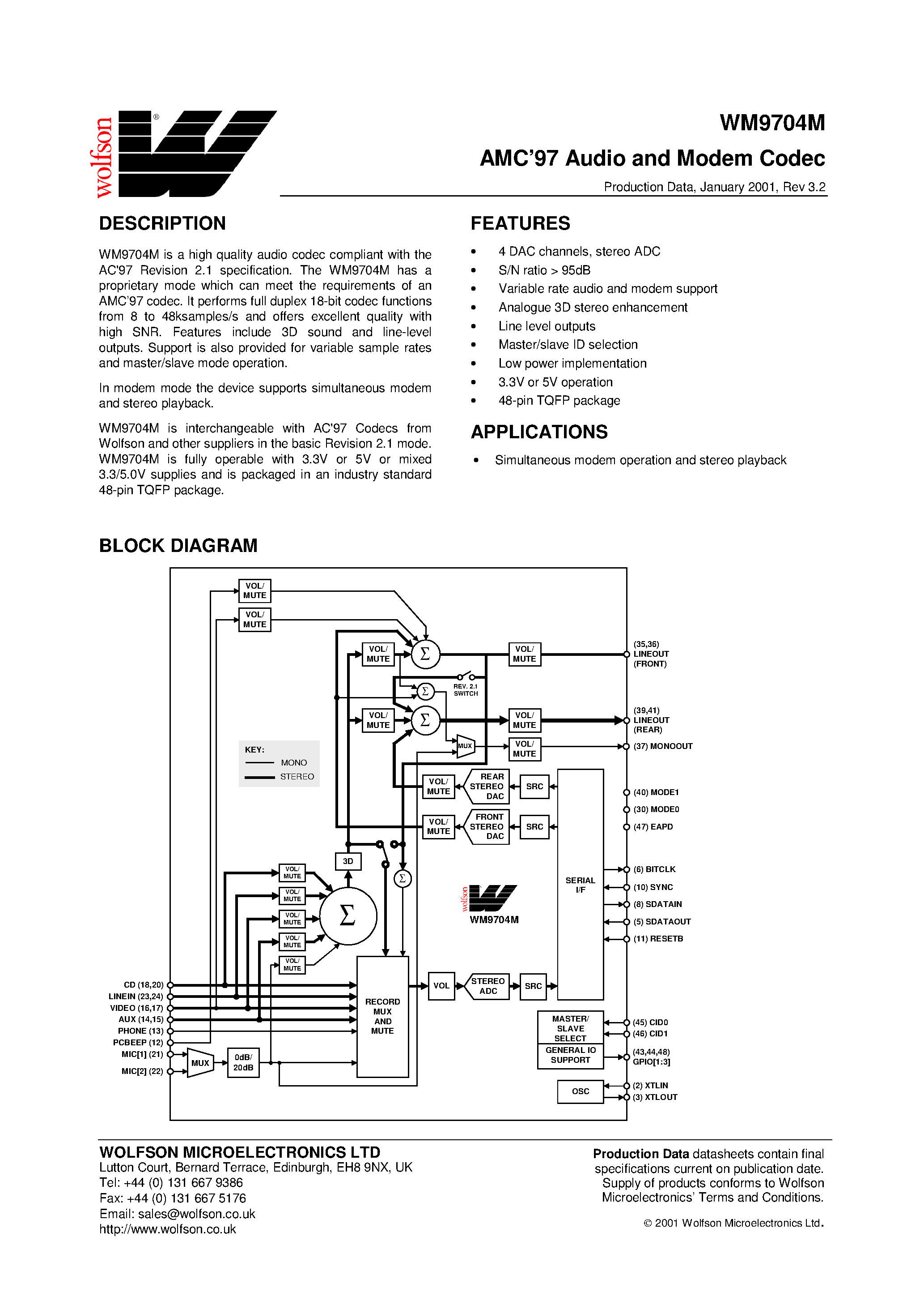 Datasheet WM9704CFT/V - 4-Channel Surround Sound Codec page 1