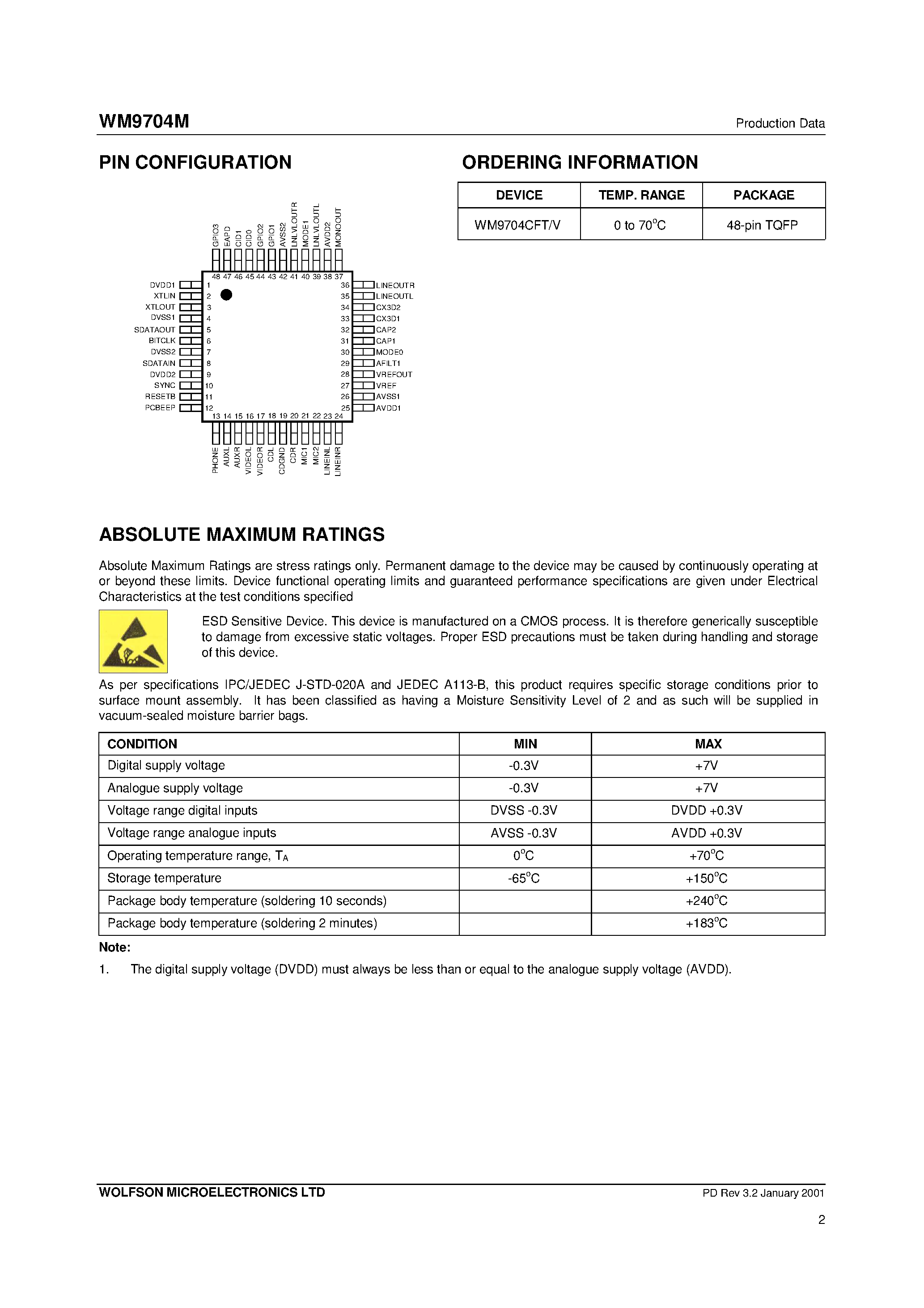 Datasheet WM9704CFT/V - 4-Channel Surround Sound Codec page 2